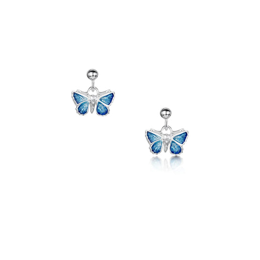 Small silver drop butterfly earrings with a blue enamel and stud posts