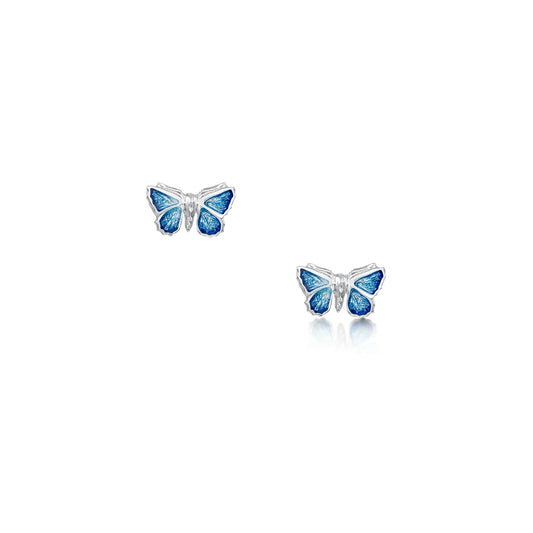 Polished silver butterfly stud earrings with blue enamel