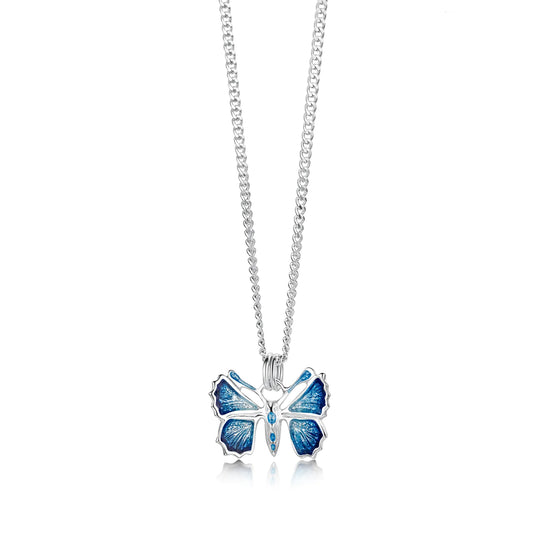 Polished silver butterfly pendant in blue enamel with silver chain