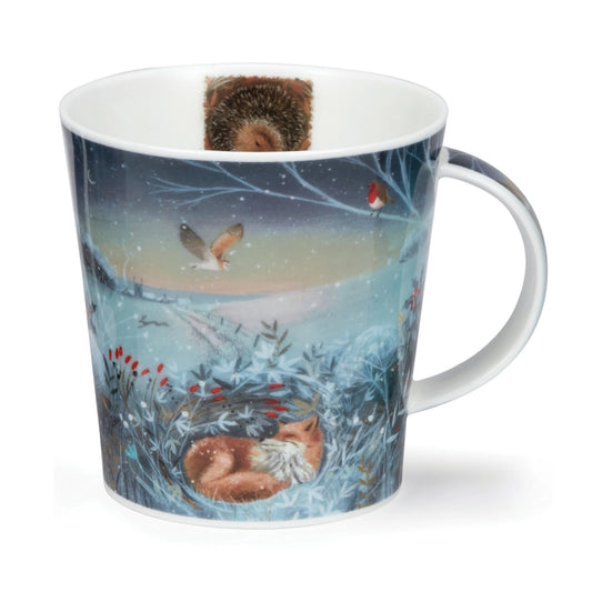 A modern and simple shaped mug featuring an artwork with a fox in a snowy forest 