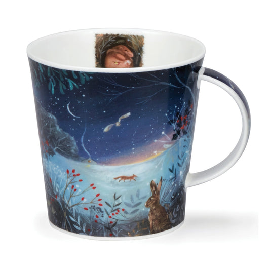 A modern and simple shaped mug featuring an artwork with a hare in a snowy forest