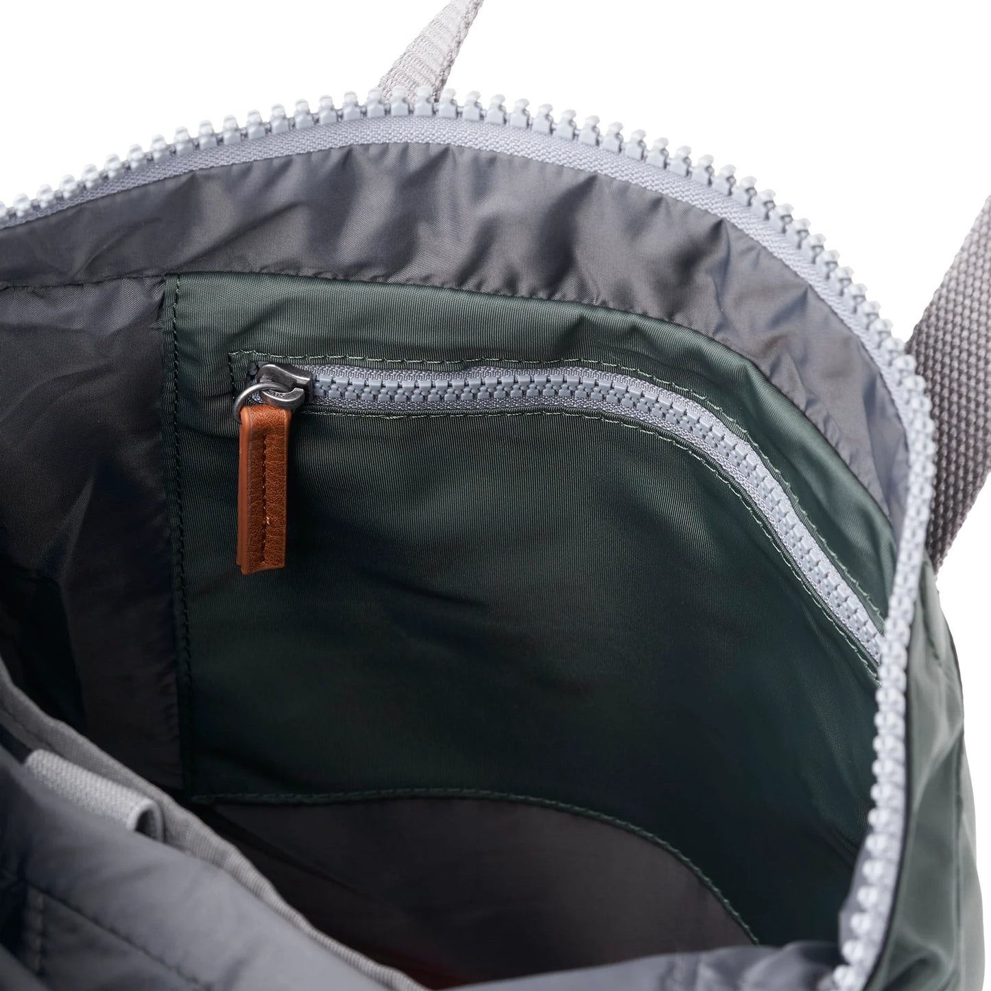 Grey green rolltop backpack with internal zip pocket