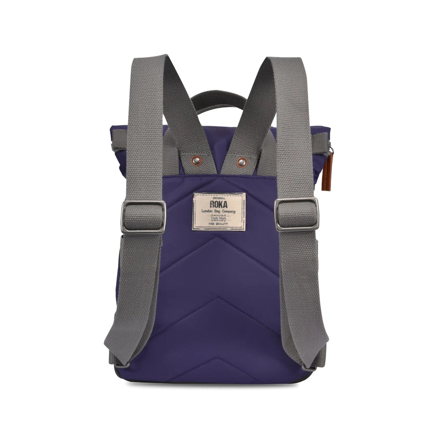 Purple rolltop backpack with grey back straps