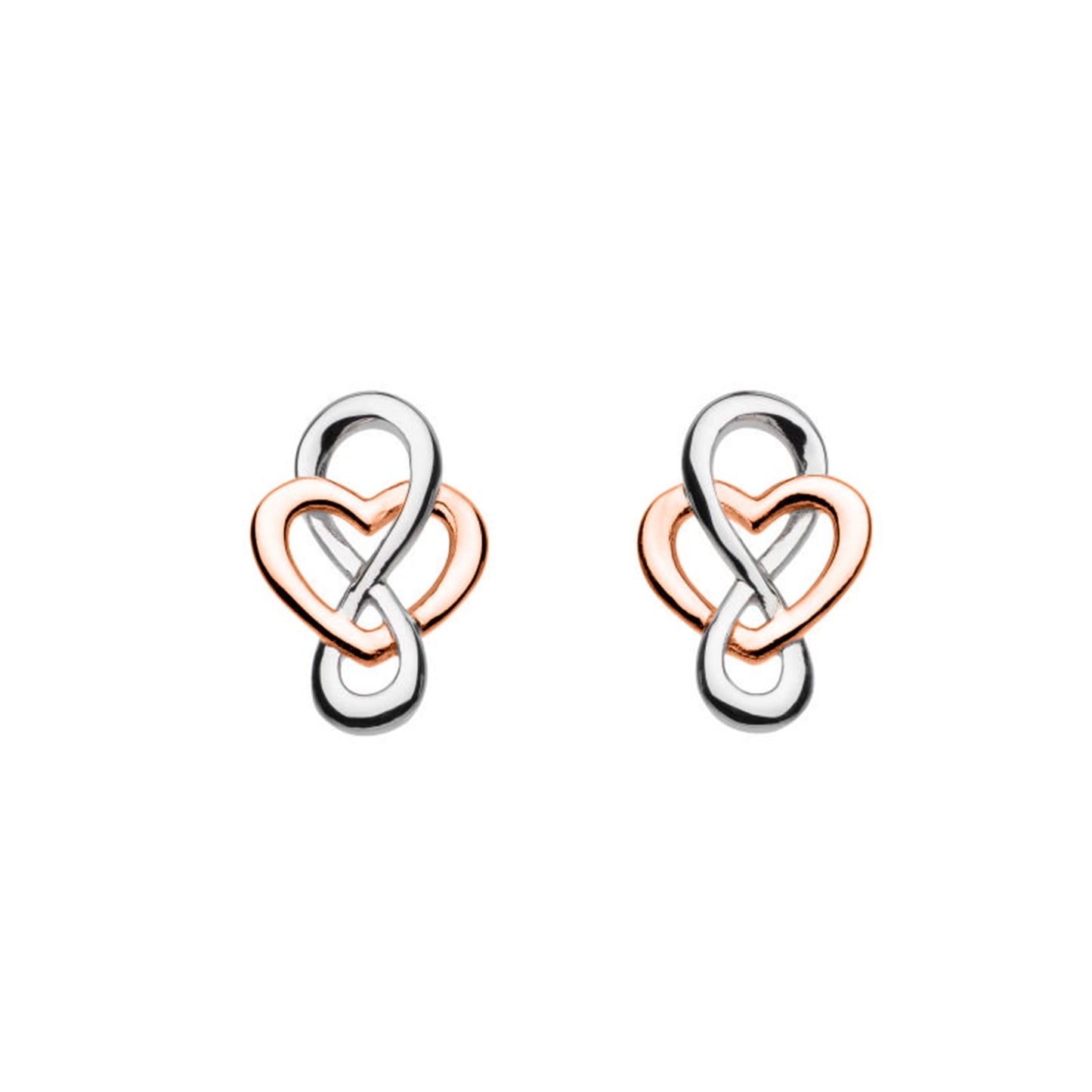 A pair of silver stud earrings with a rose gold heart shape