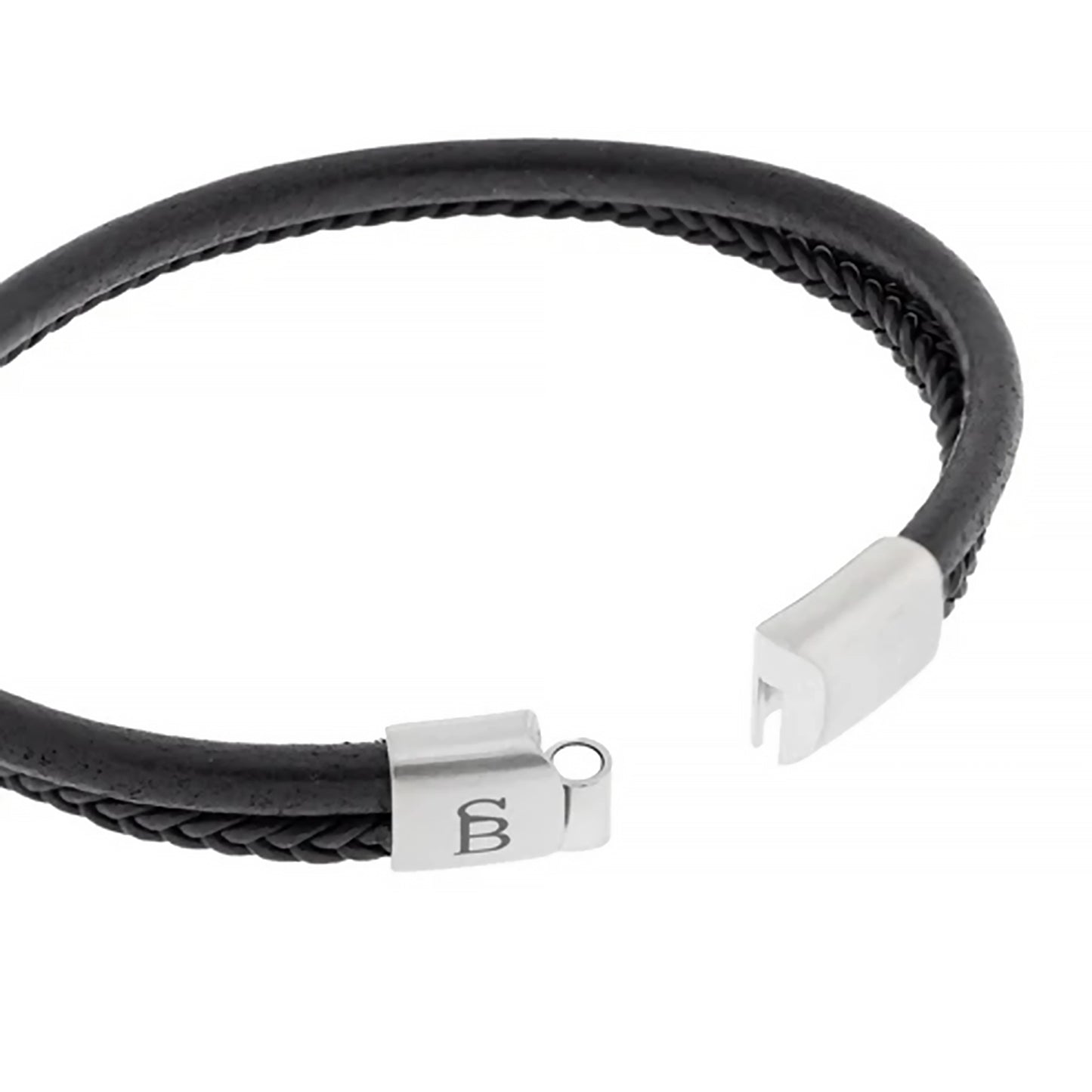 Double strand black leather bracelet with chunky stainless steel clasp