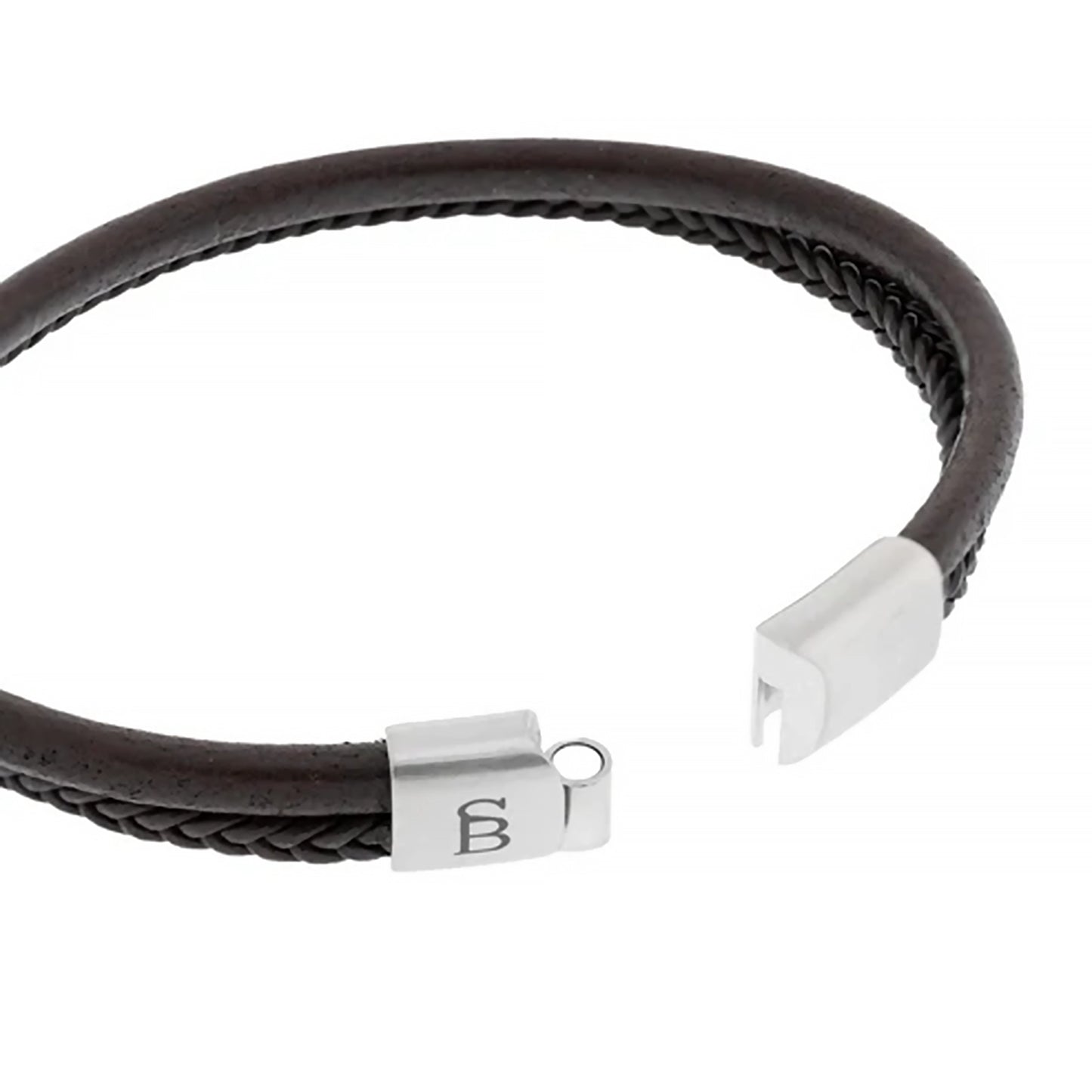 Double strand brown leather bracelet with chunky stainless steel clasp