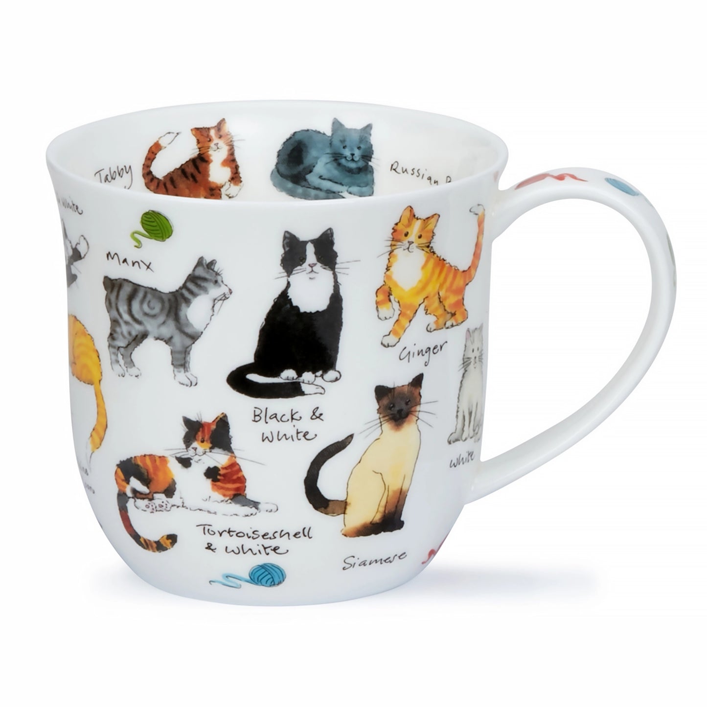 White ceramic mug decorated with illustrations of cats
