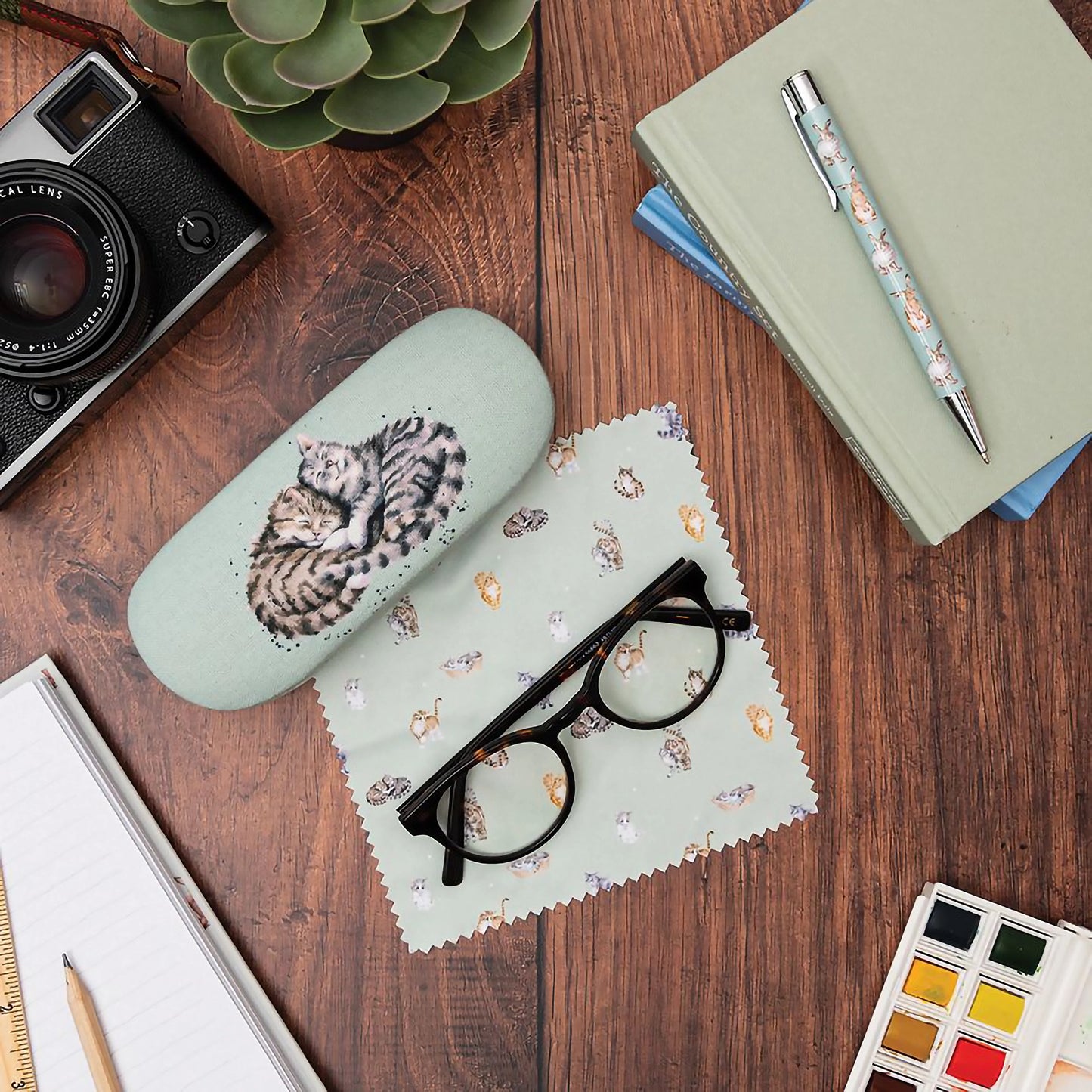 Light blue green glasses case with lens wipe featuring cat pattern posed on a table