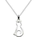 A silver sitting cat pendant on a chain