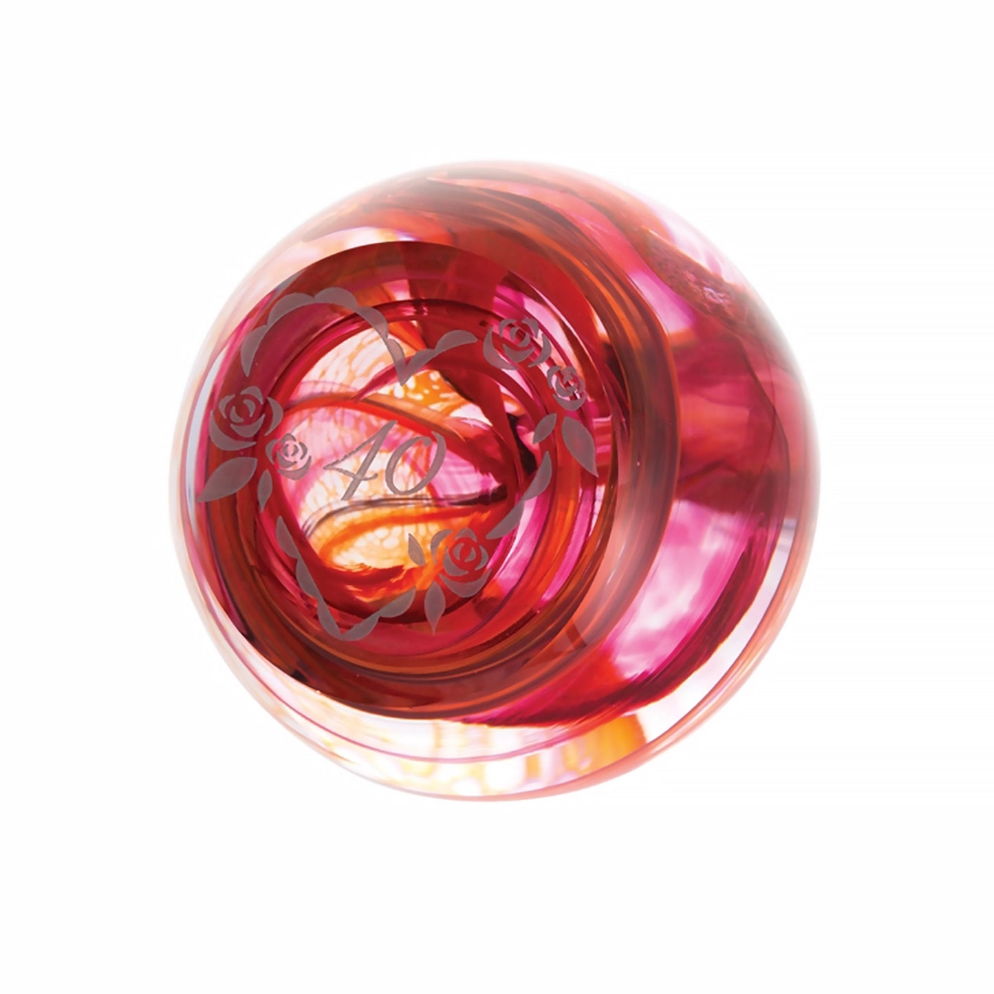 Gold 40th anniversary paperweight with red and orange swirl and engraved heart frame
