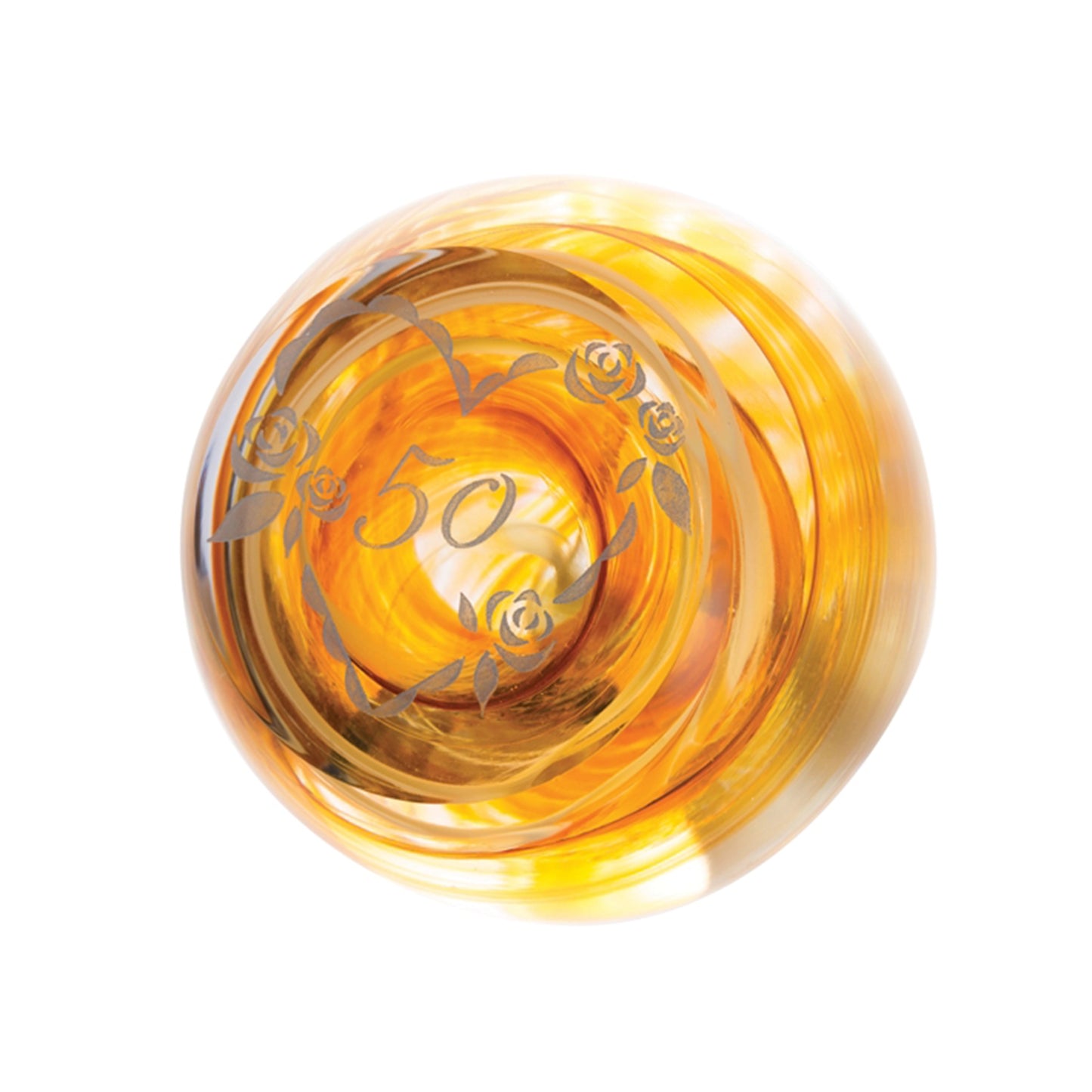 Gold 50th anniversary paperweight with amber swirl and engraved heart frame