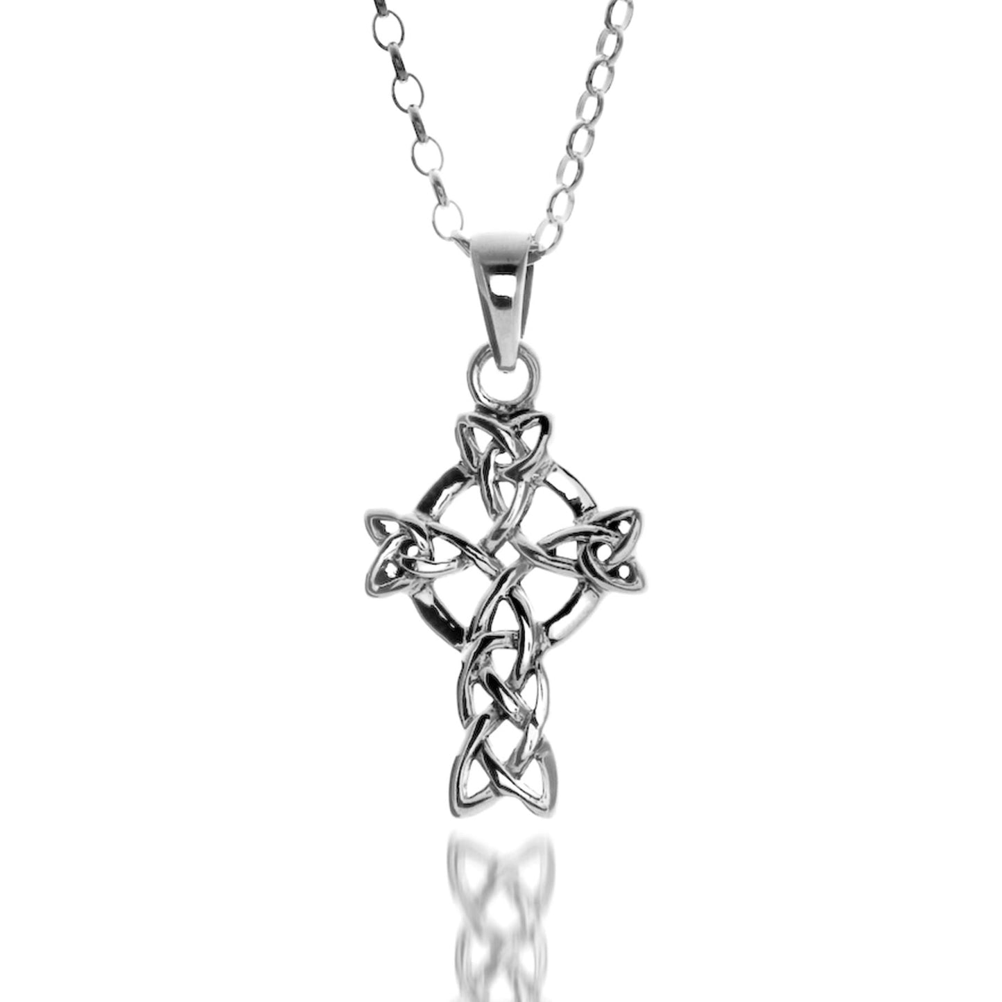 A silver pendant featuring a Celtic knot Celtic cross