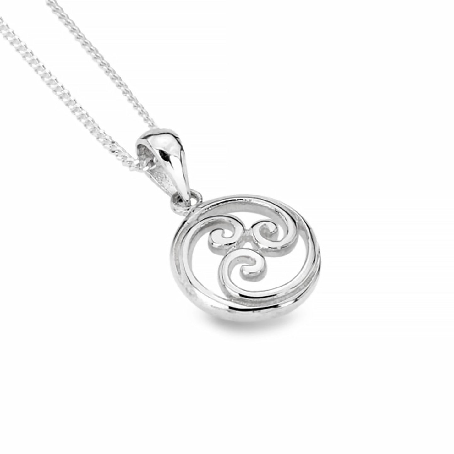 Silver round pendant with three scroll shapes curving into the centre on a silver chain
