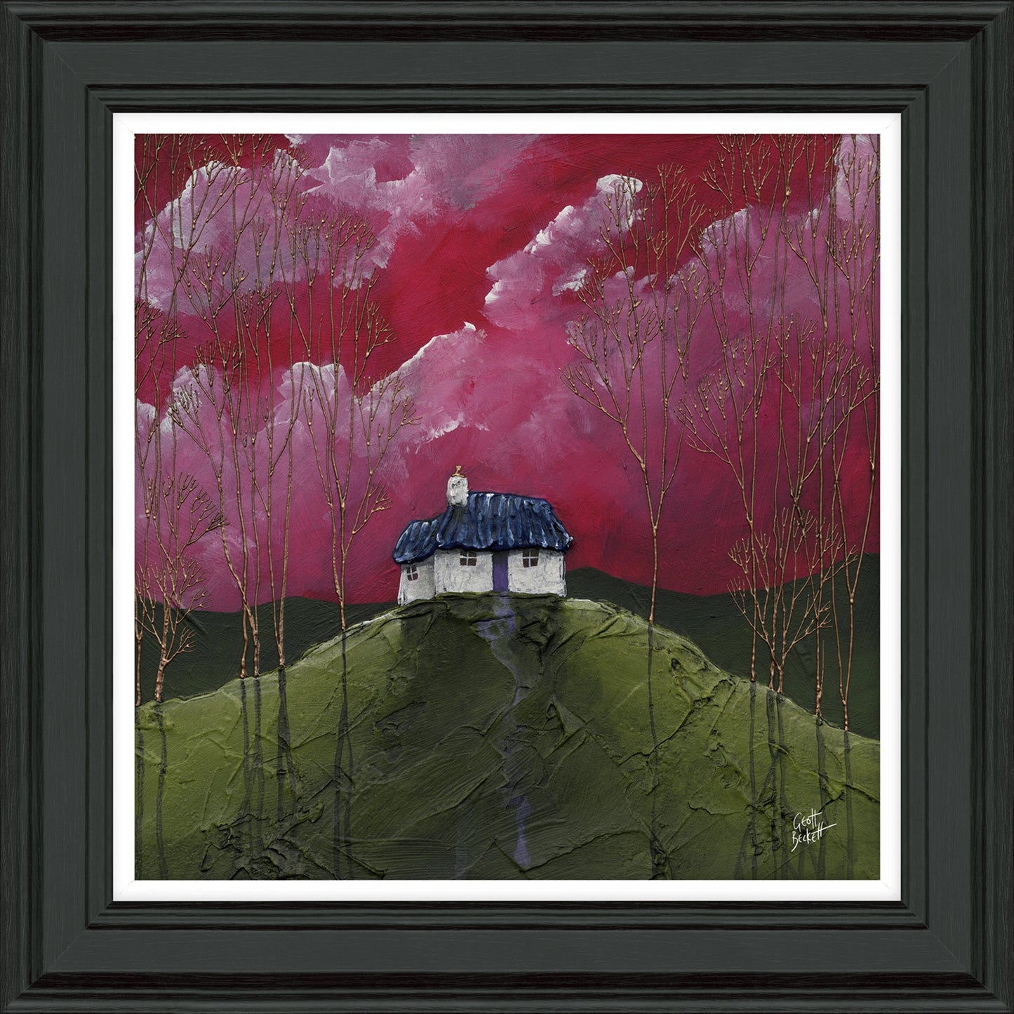 An art print of a cottage on a hill with gold trees and a pink cherry pink coloured sky