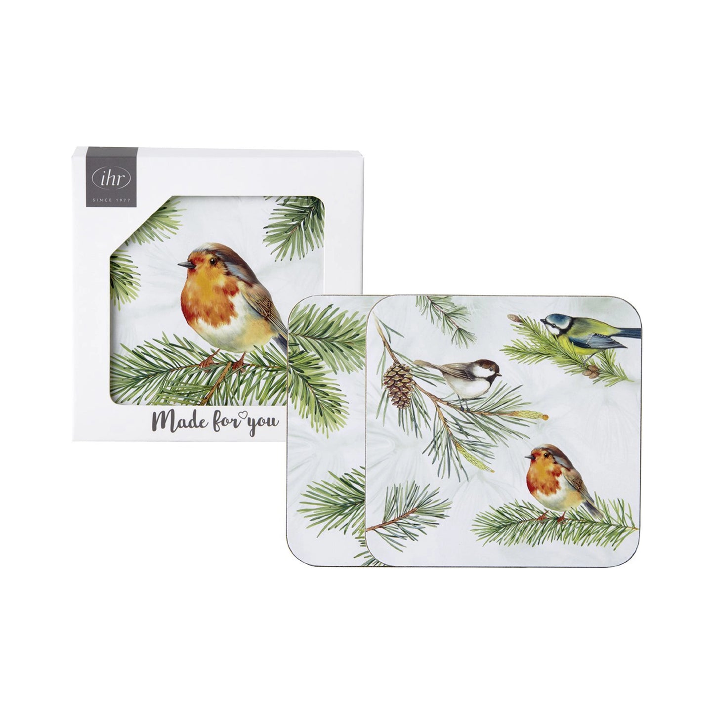 Christmas robin decorated cork backed coasters in two designs