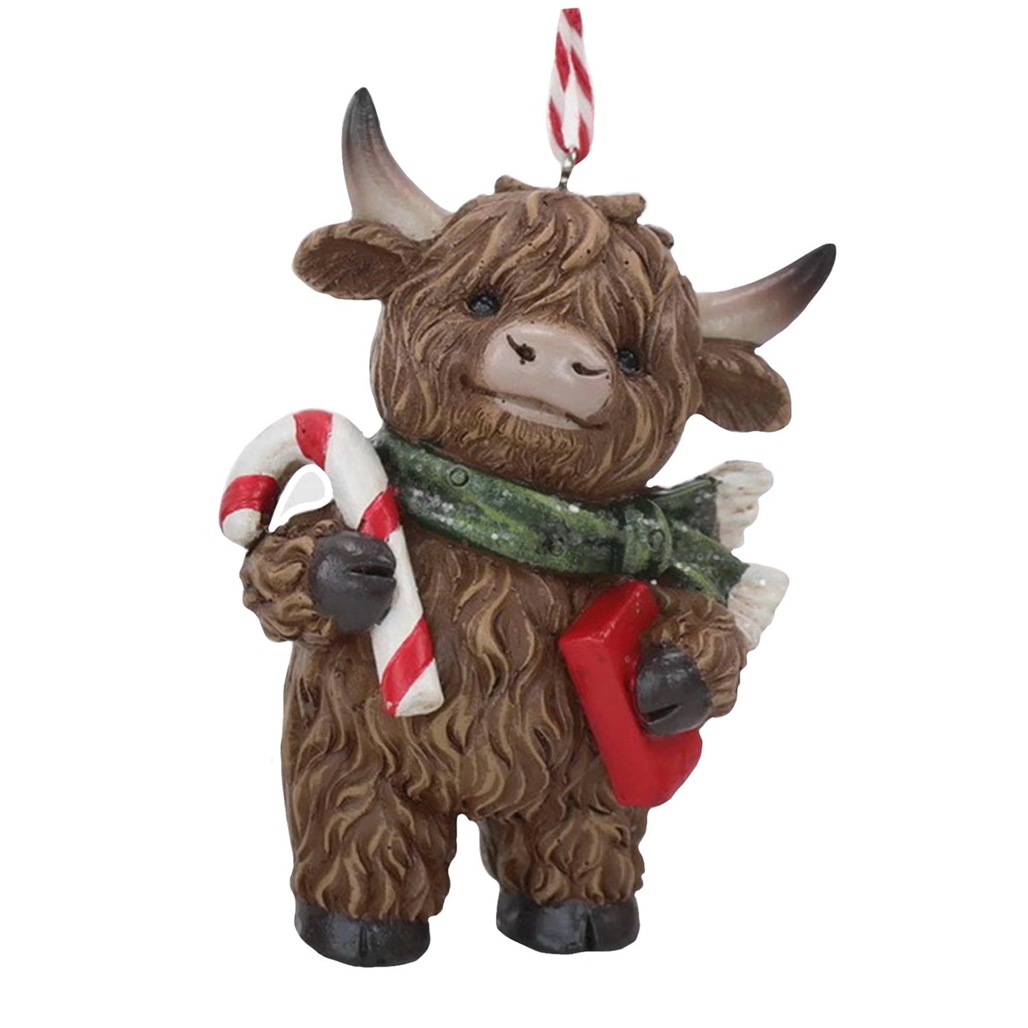 Christmas Highland cow tree ornament with a candy cane