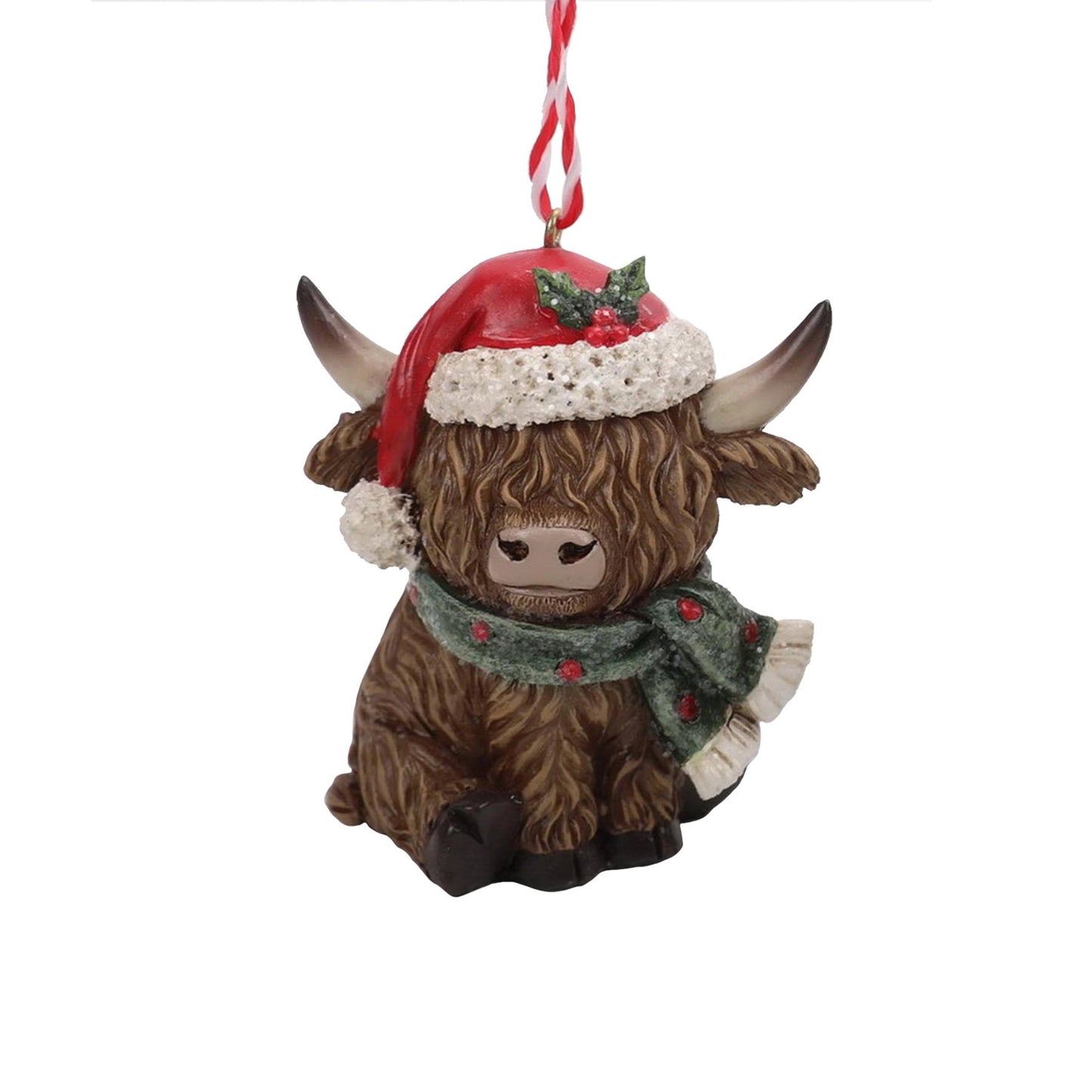 Christmas Highland cow tree ornament with a Santa hat and green scarf