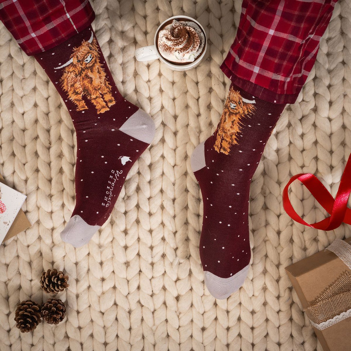 Model wearing pair of Christmas socks in red with white heels and toes and a Highland cow in the snow