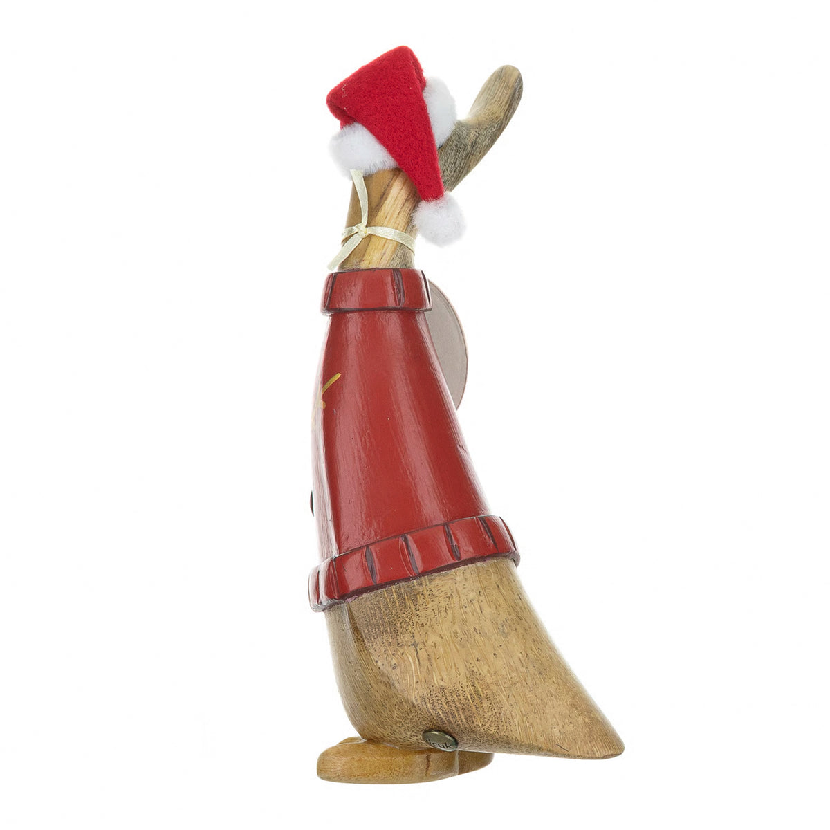 Wooden duck sculpture with Christmas reindeer jumper and Santa hat back