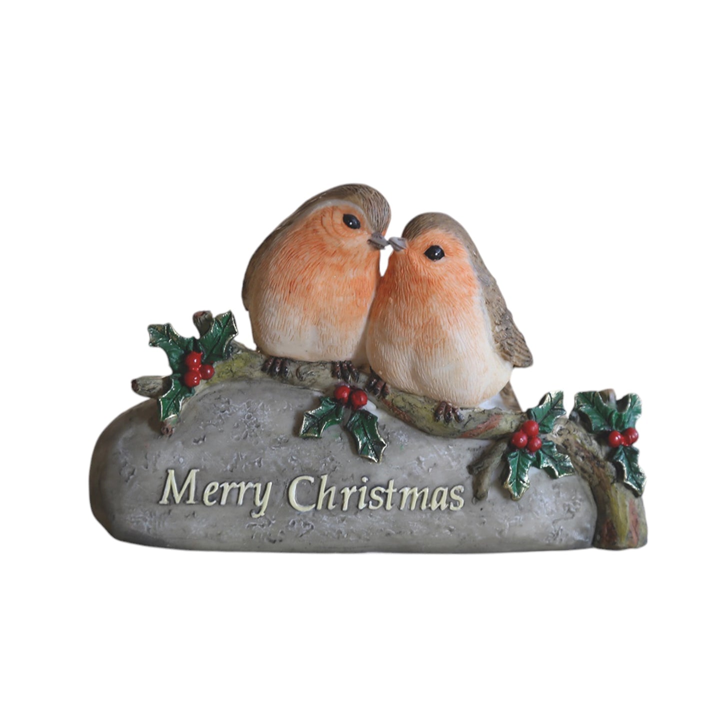 A Christmas sculpture with two kissing robins and the words 'Merry Christmas'