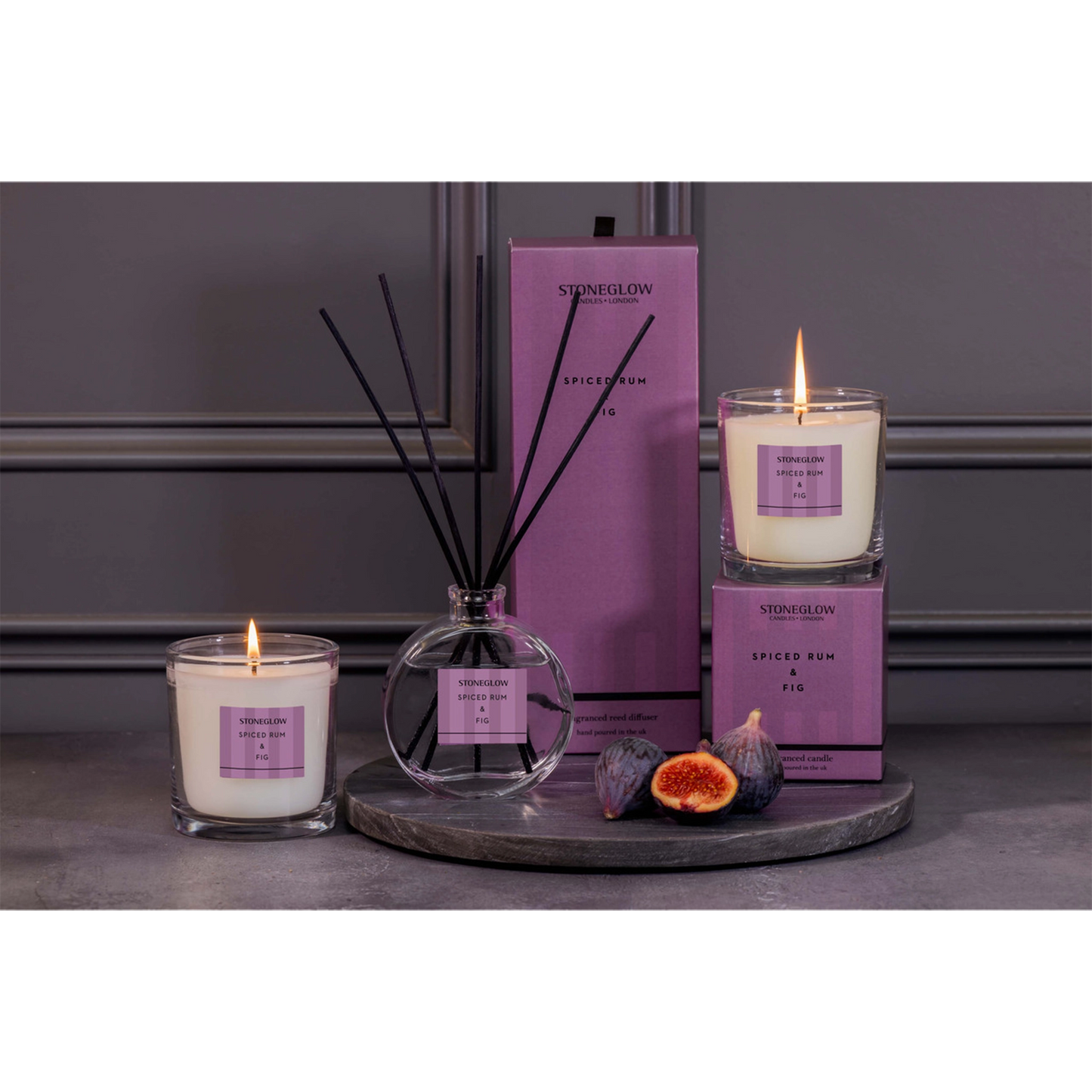 Stoneglow Spiced Rum & Fig collection with purple striped packaging