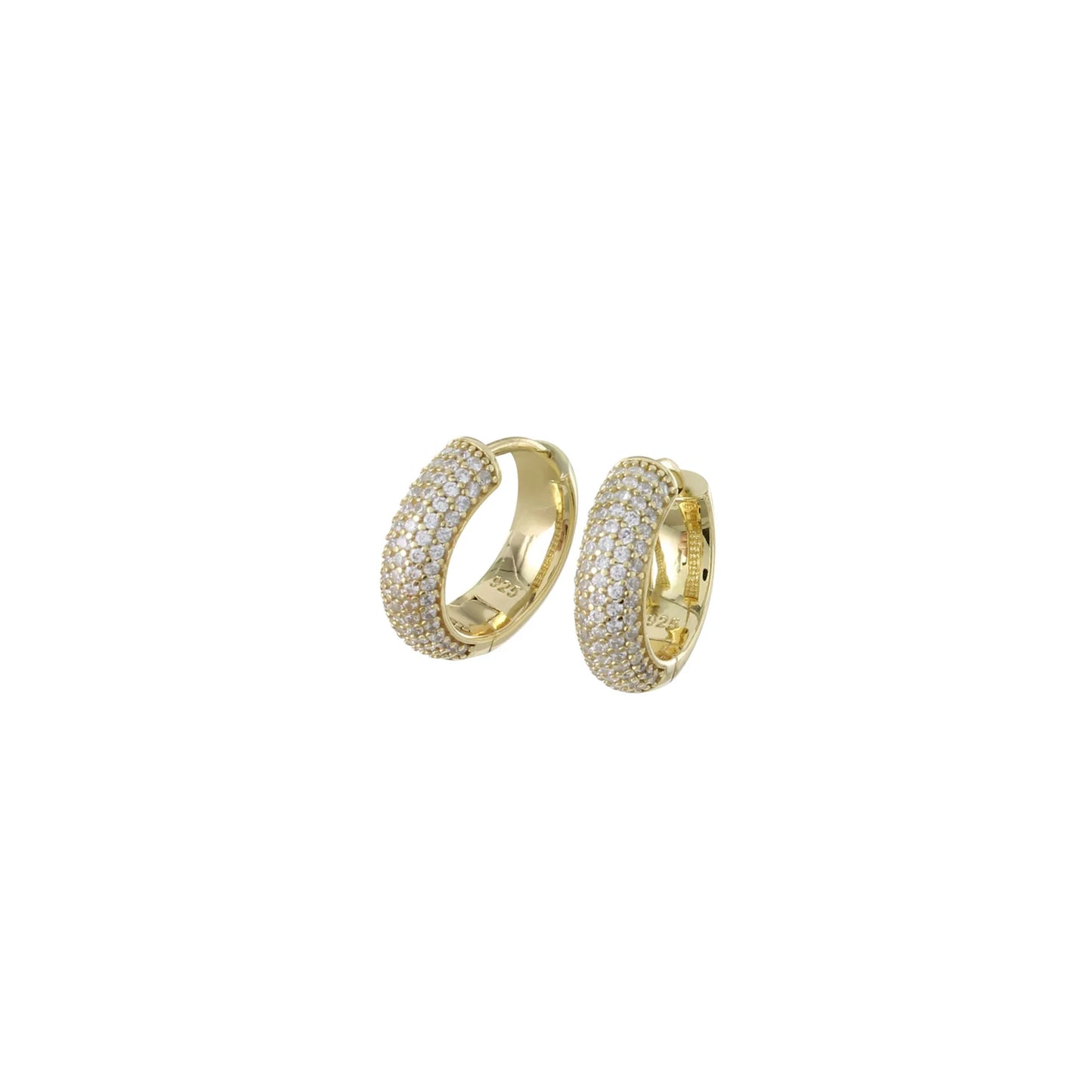 A pair of gold chunky hoop earrings with rows of sparkling cubic zirconia stones