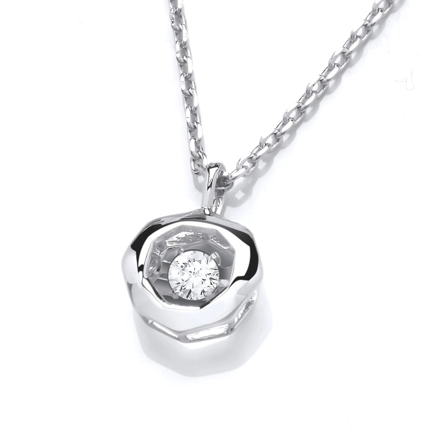 Silver circle pendant with dancing CZ stone in the centre on a silver chain