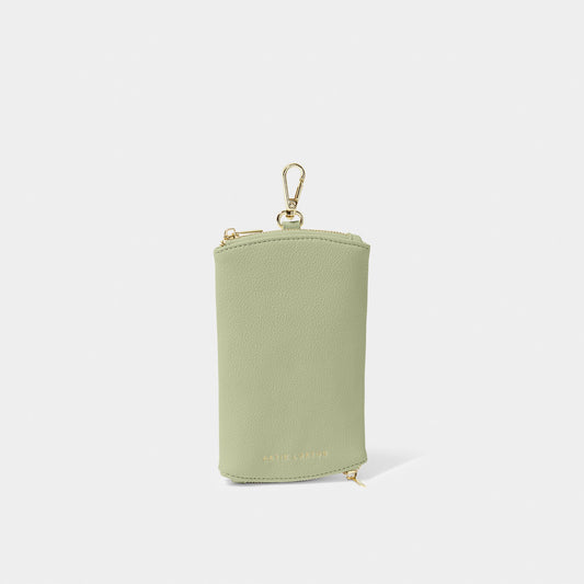 Soft sage clip-on glasses case in faux leather with zip top