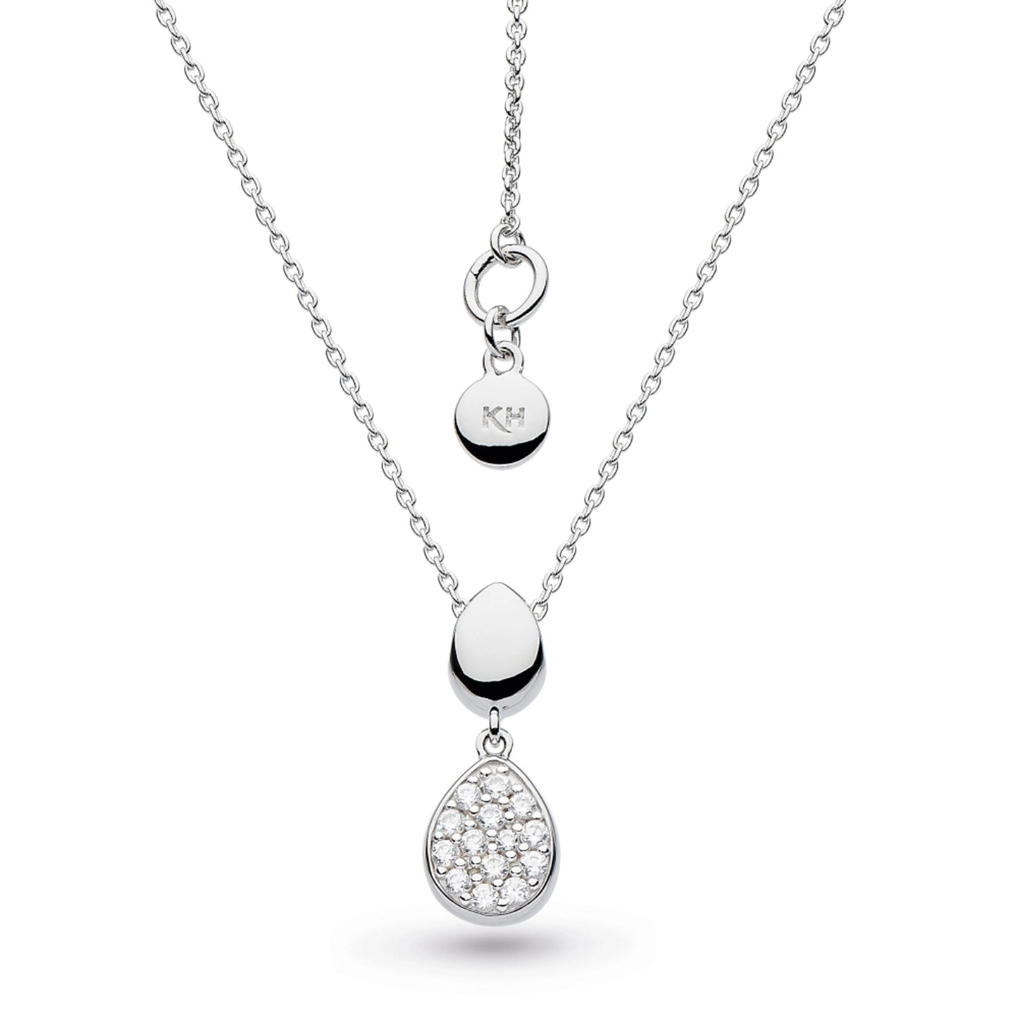 A pendant with two pebble shapes, one in pave CZ and one in silver