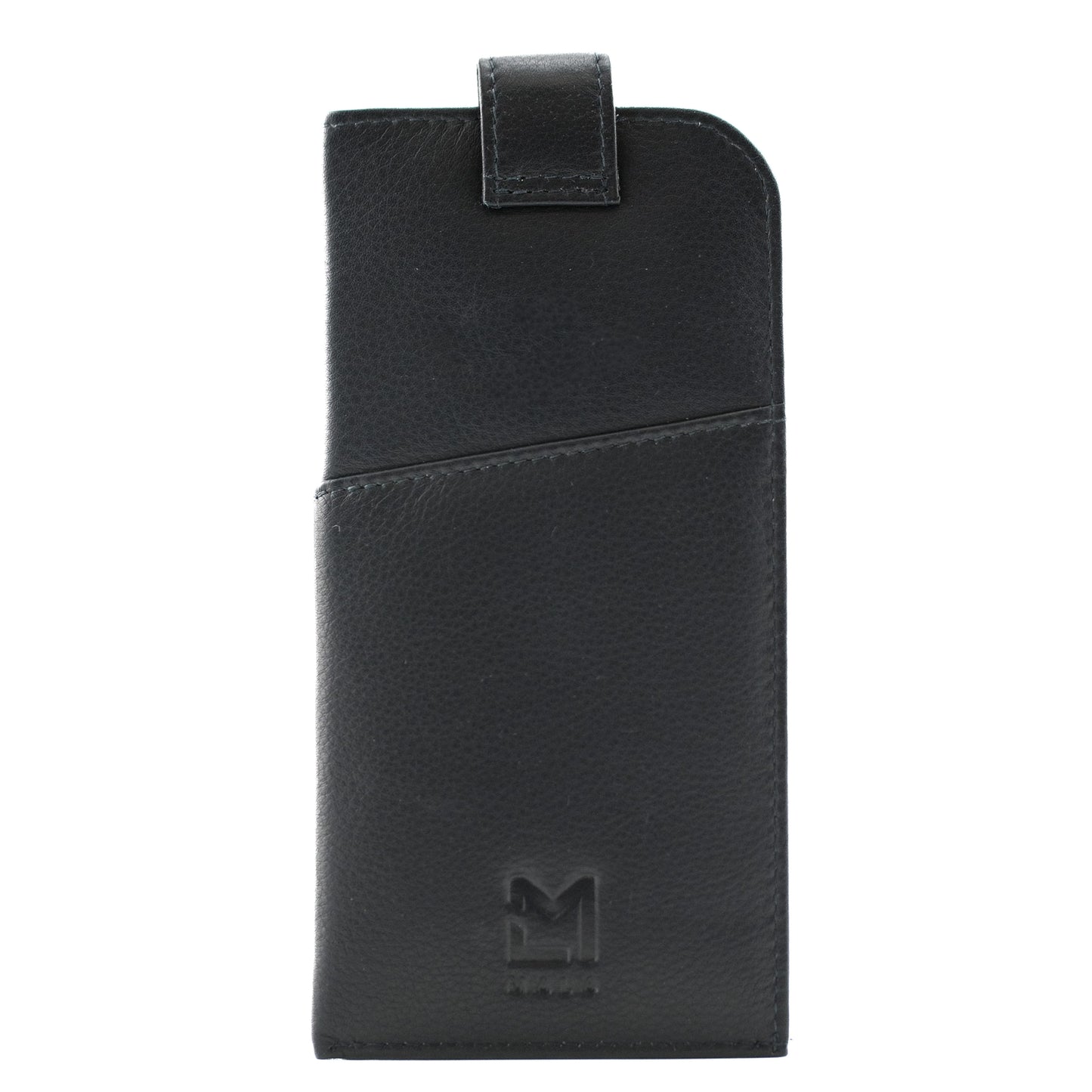 Back of navy blue leather slip glasses case with flap over magnetic closure