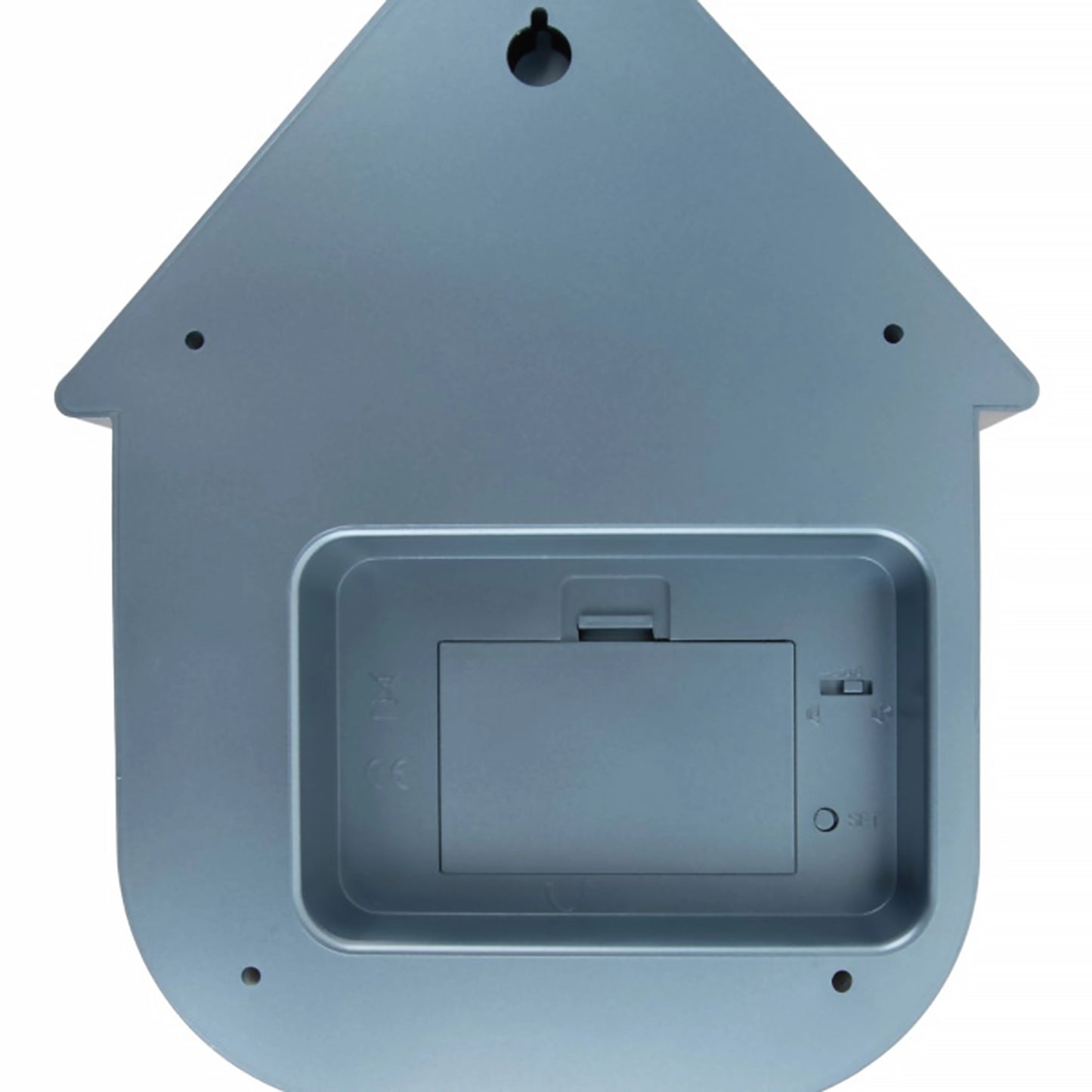 A blue metallic grey modern cuckoo clock back battery compartment