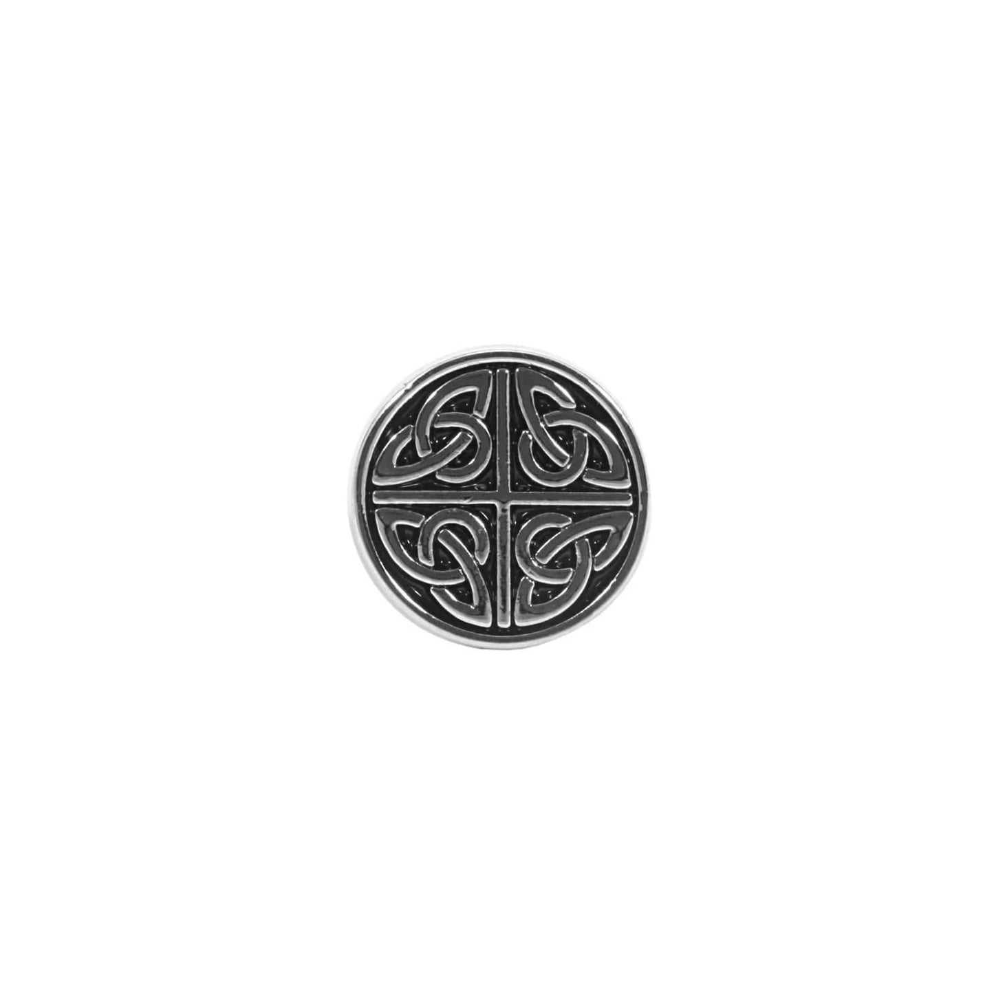 Round cufflink with black enamel and pewter Celtic knotwork design