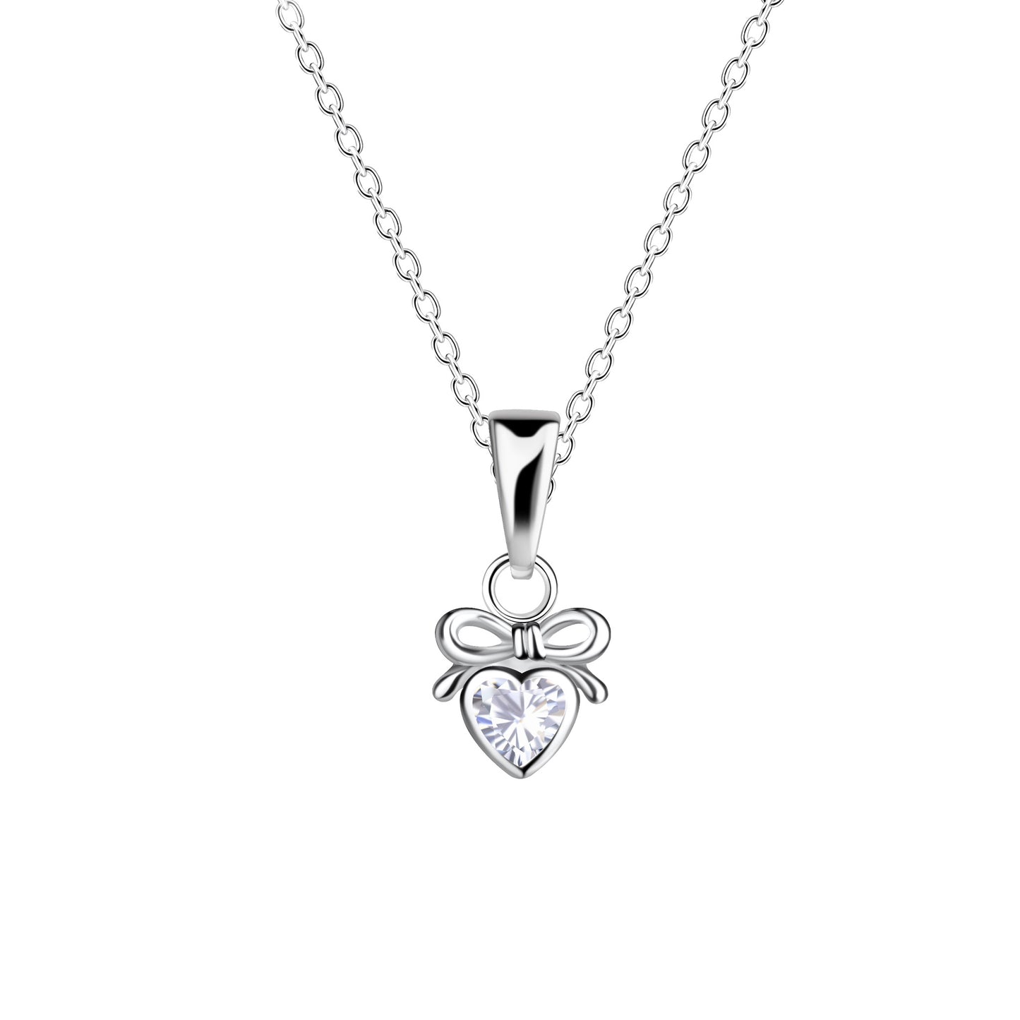 Silver heart shaped pendant with CZ stone and adorable bow design