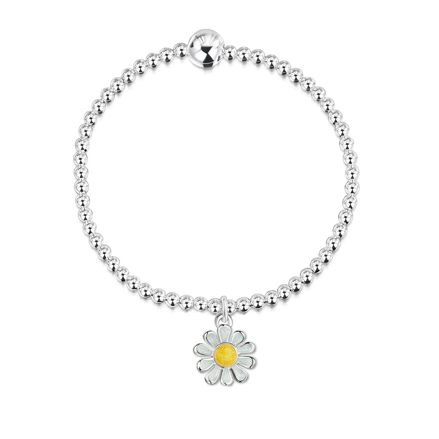 A silver beaded bracelet with a small enamelled daisy pendant