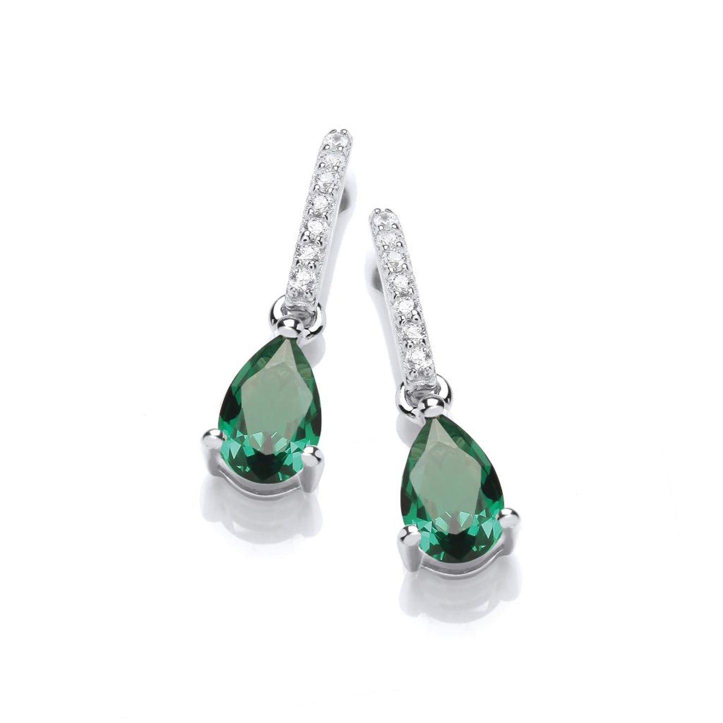 Silver earrings with emerald green faceted teardrop CZ and white CZ stones on the bail