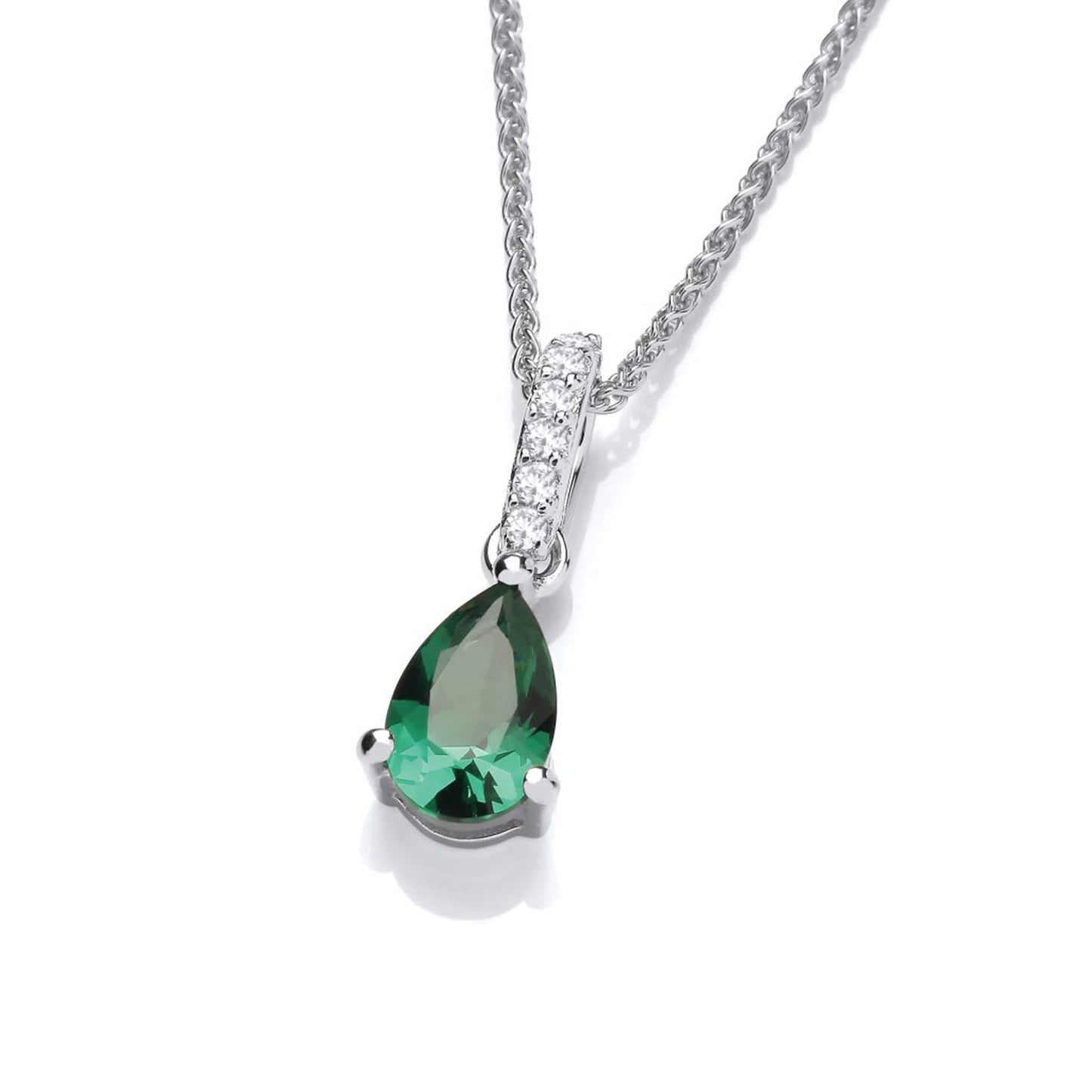 Silver pendant with emerald green faceted teardrop CZ and white CZ stones on the bail