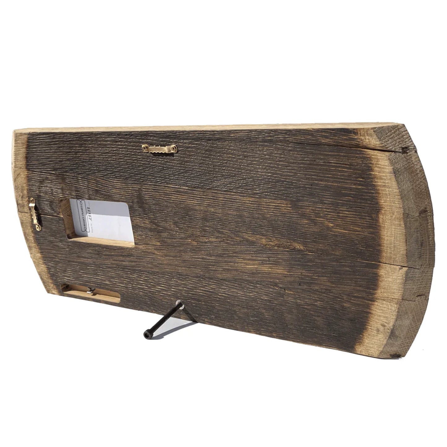 A frame made from a whisky barrel lid and Harris Tweed with two photo spaces - back