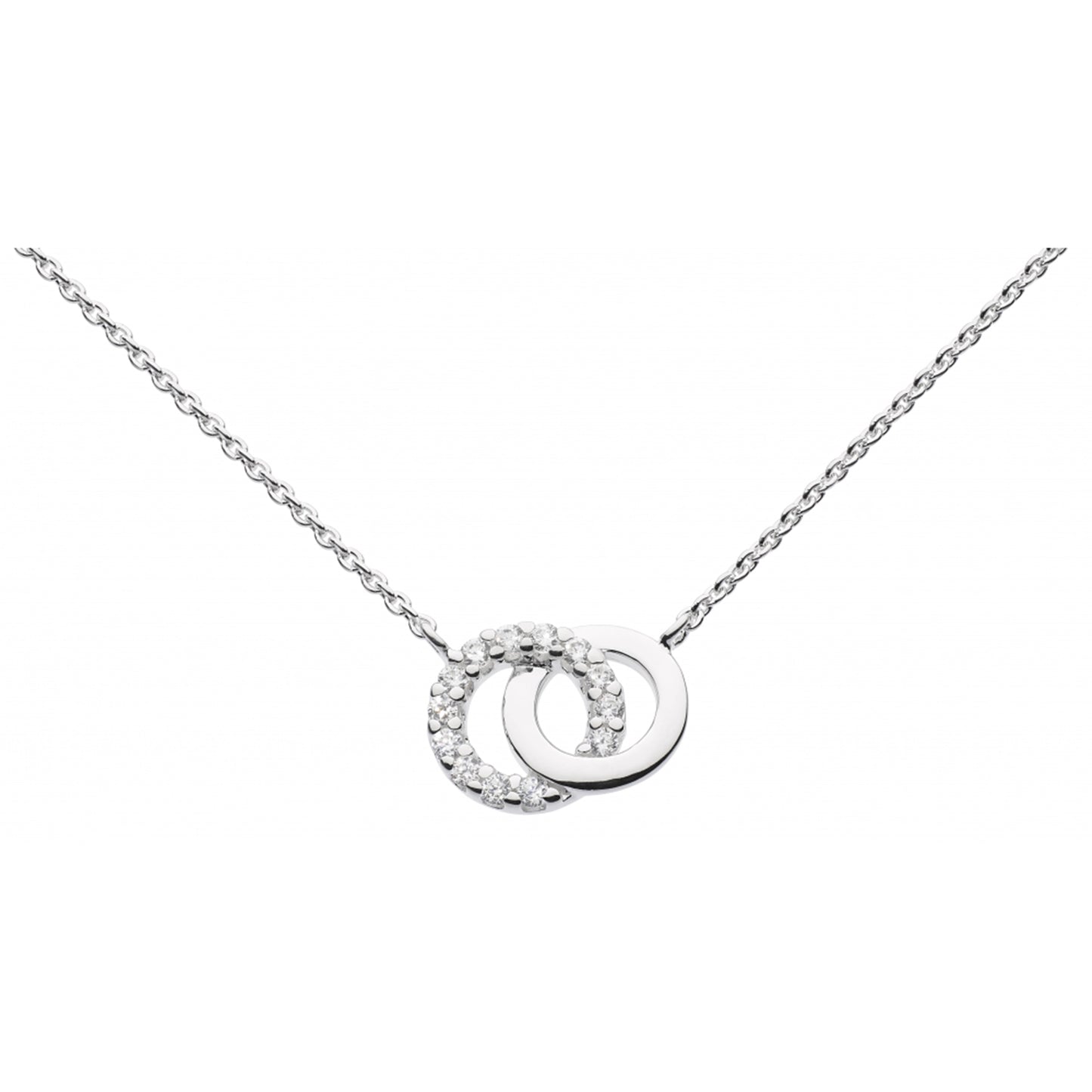 A necklace with two linked open circles in polished silver and CZ stones