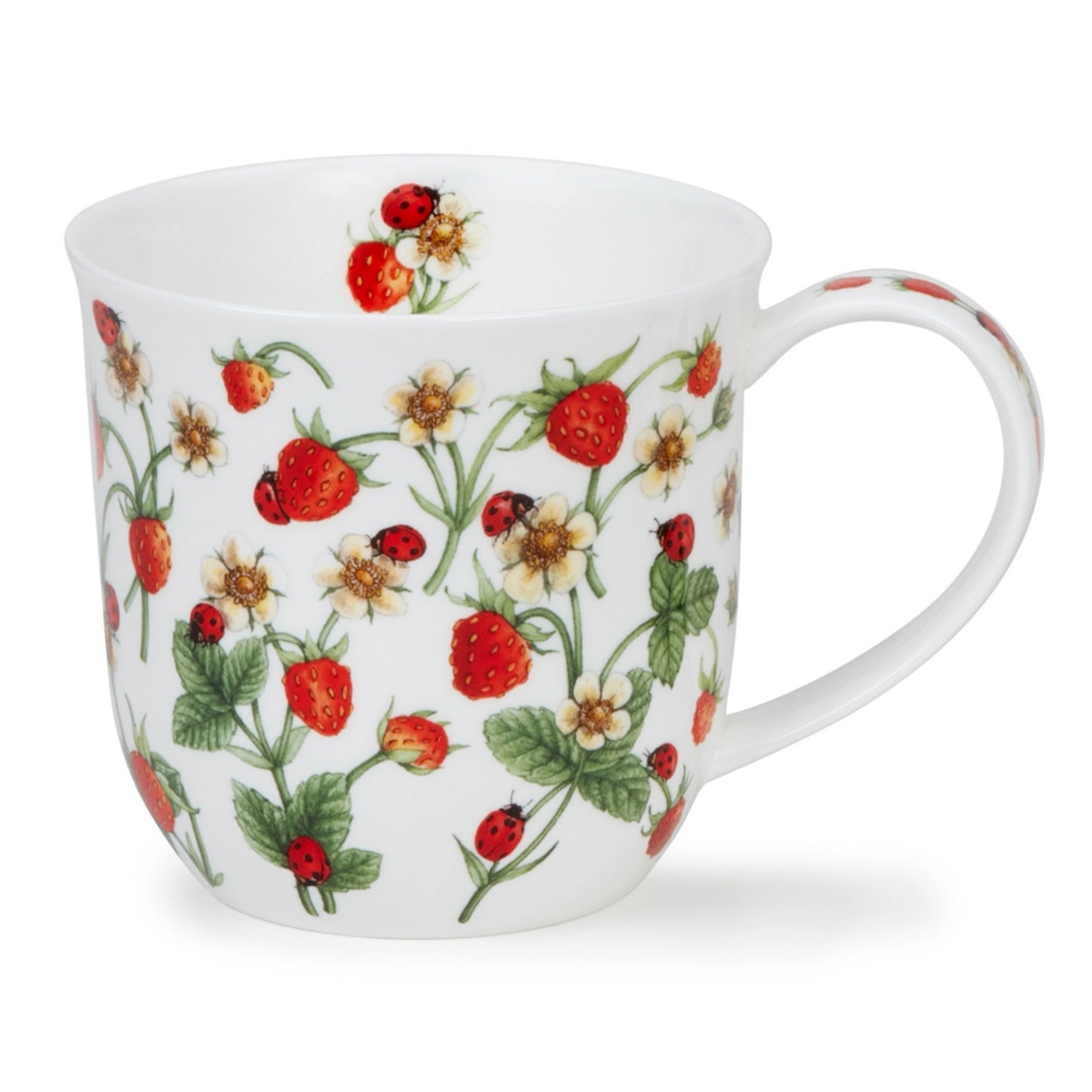 Curved top white bell shaped mug with a design of strawberries and ladybirds