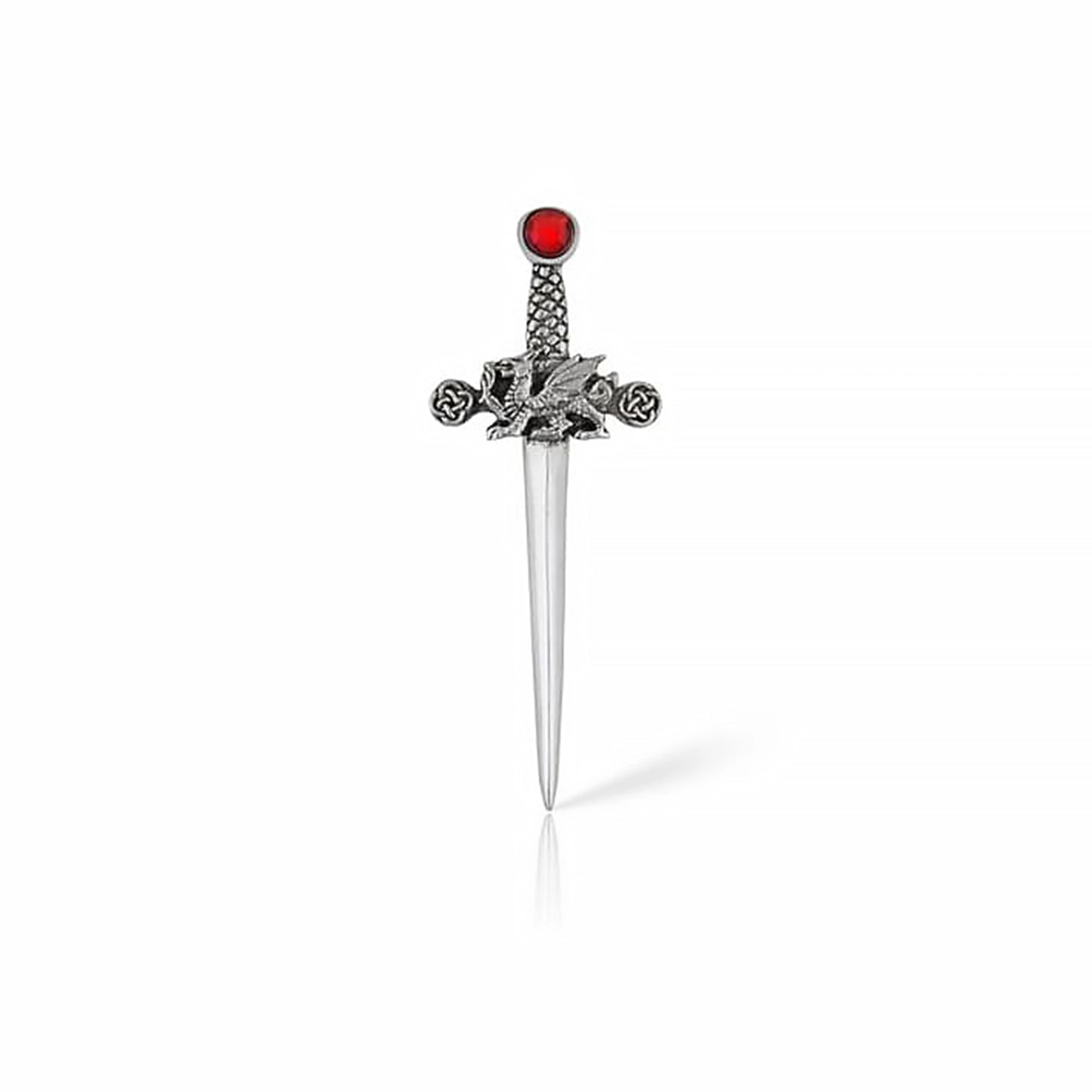 A pewter sword shaped kilt pin with dragon design and a red stone
