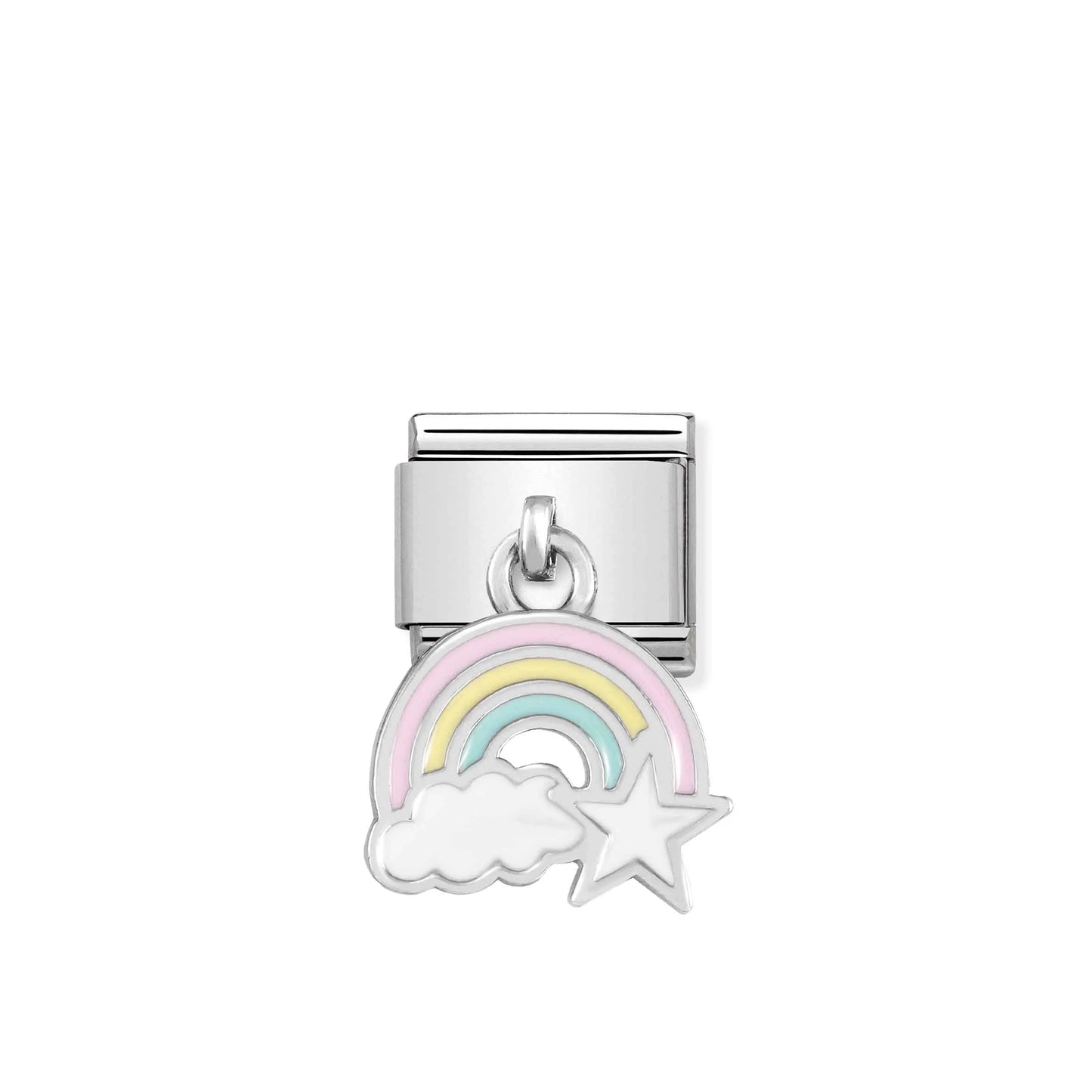 Nomination charm link featuring a silver rainbow drop in pastel enamels with a star
