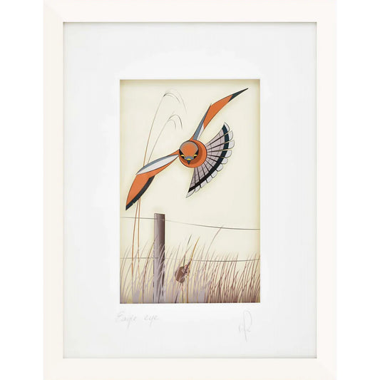 A rectangular framed print featuring a kestrel flying over a field in search of a mouse