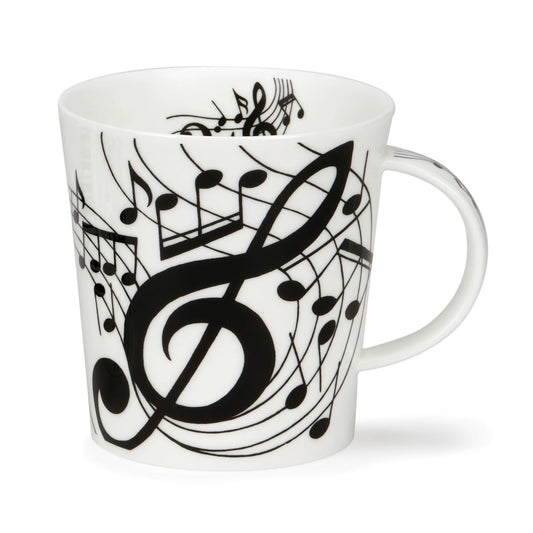 A white mug featuring a design of black musical notes