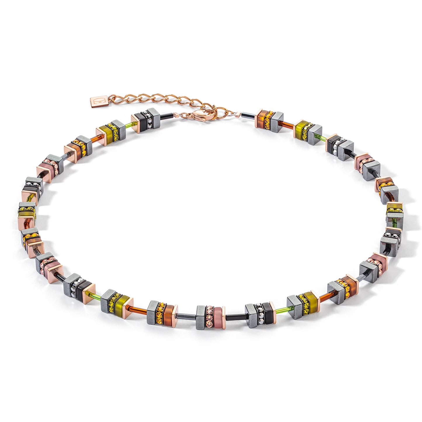 A warm rose gold and autumnal coloured necklace with cube shaped stones