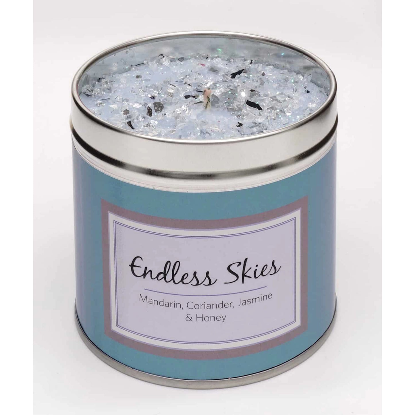 Endless Skies scented candle tin with glittery silver decorated top