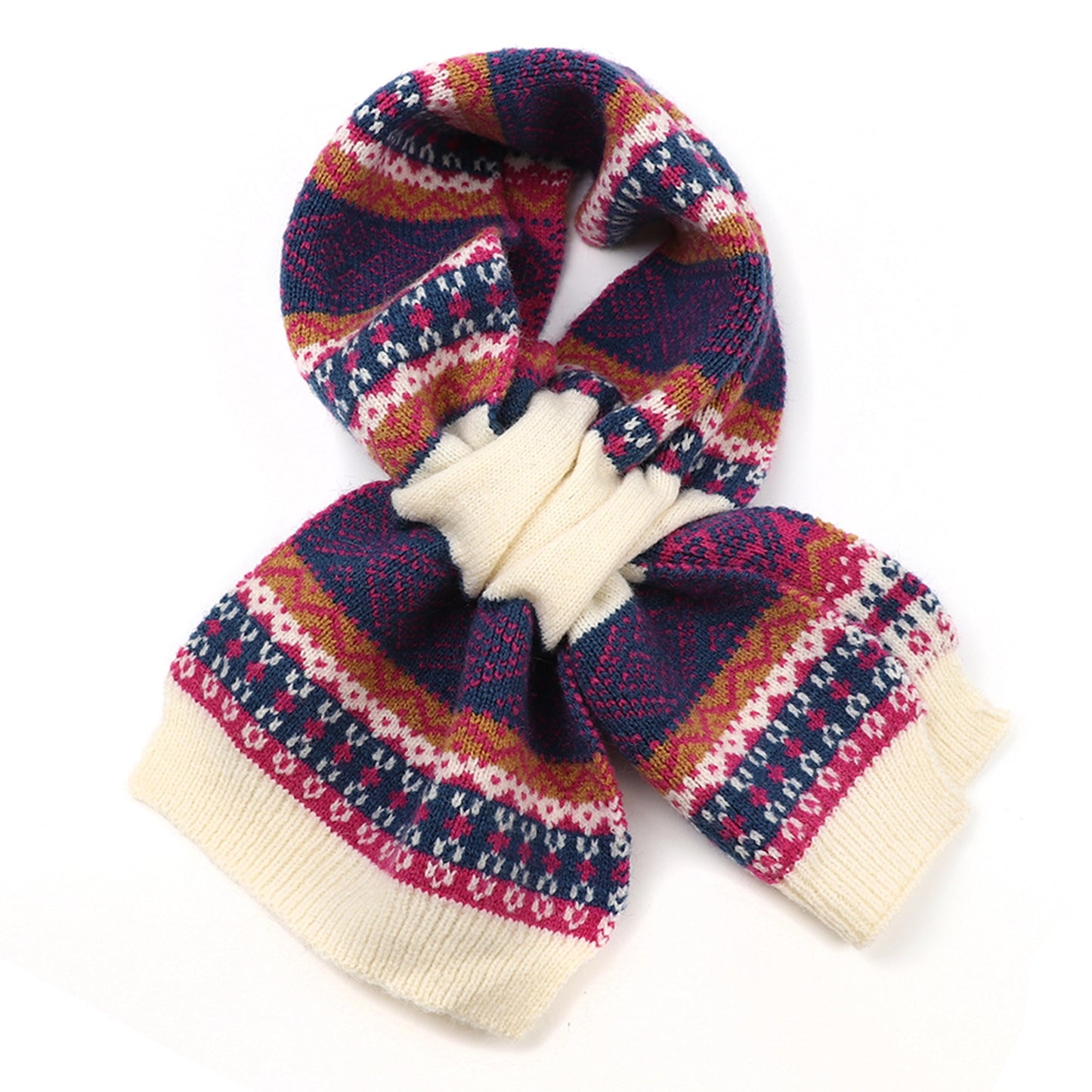 Cream, pink and navy blue knitted pull through scarf with fair isle pattern