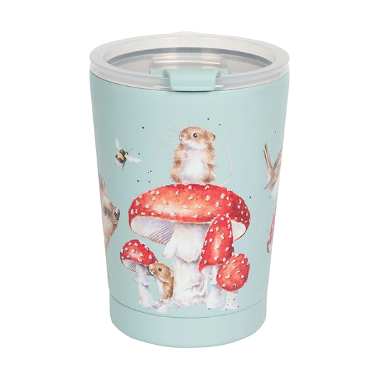 A blue thermal cup featuring a design of red toadstools with woodland creatures on them