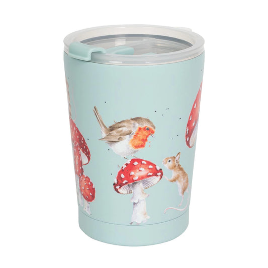 A blue thermal cup featuring a design of red toadstools with woodland creatures on them