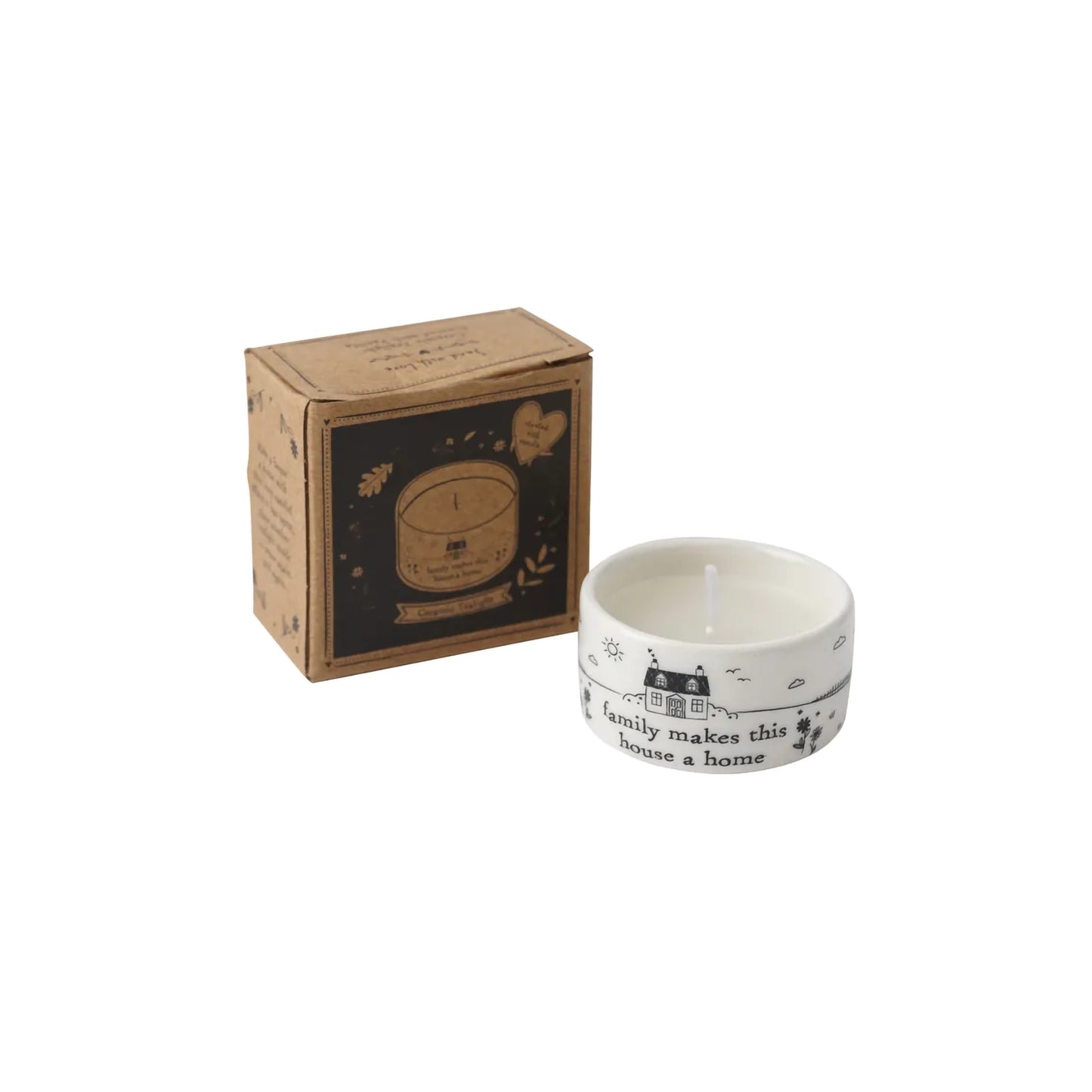 A small white ceramic tealight holder featuring a phrase and a house design