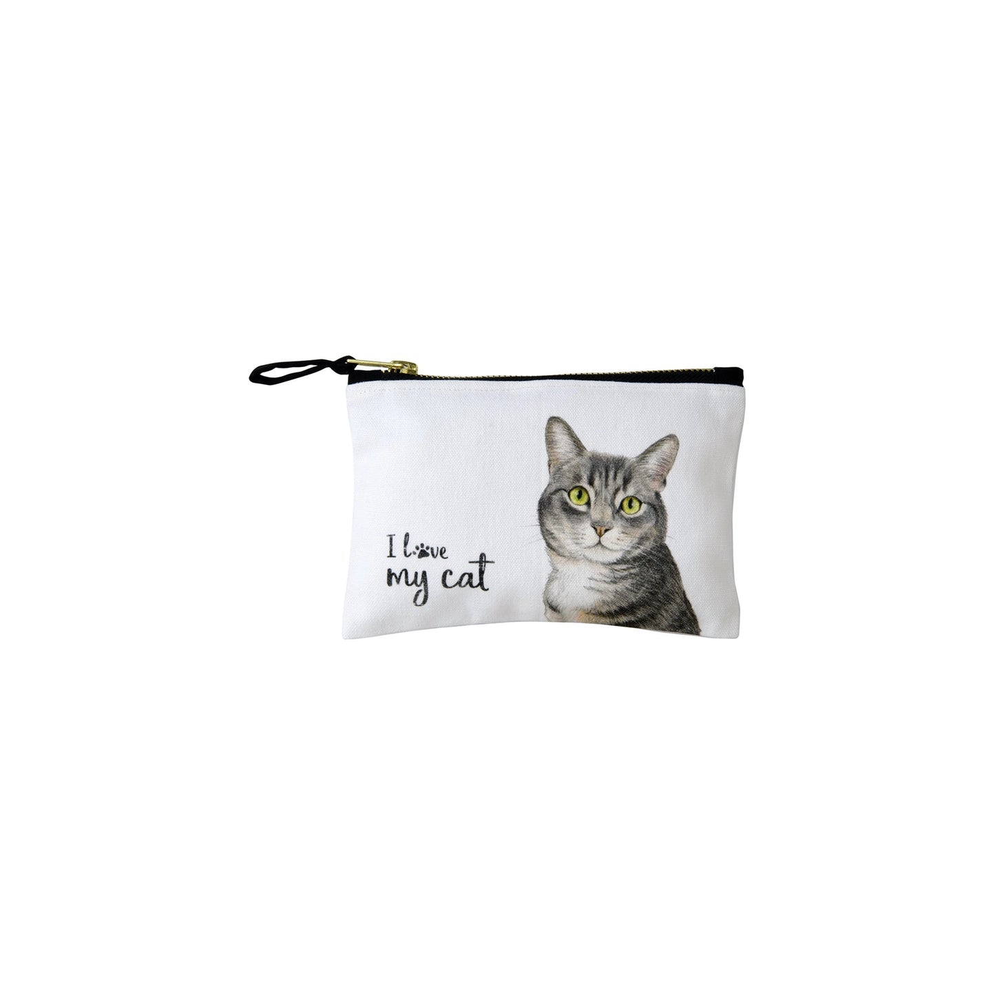 A cotton canvas zip bag with tabby cat illustration that says 'i love my cat'